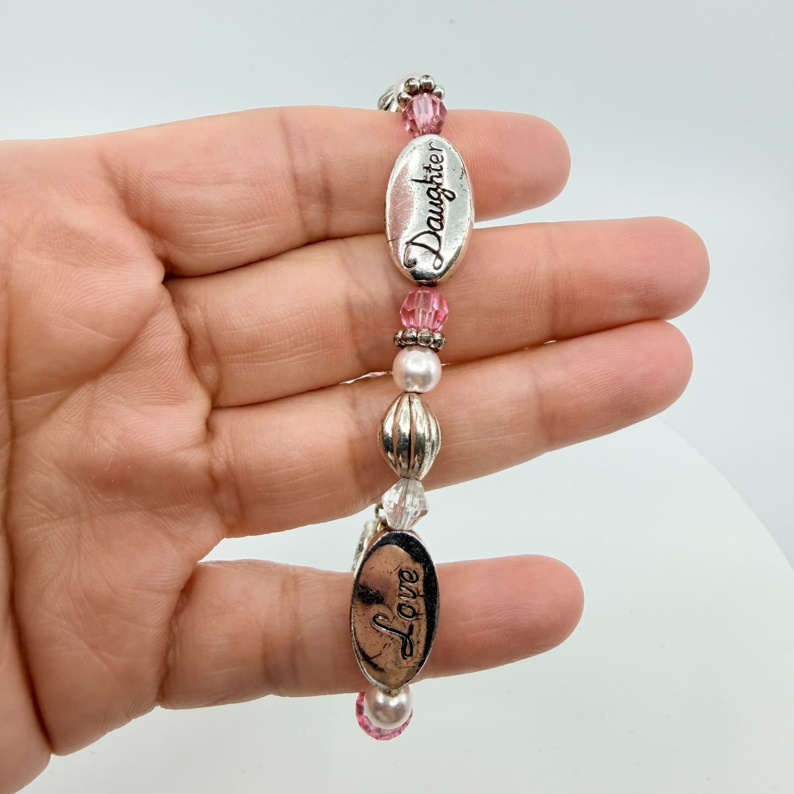 Vintage Silver Tone Daughter Love Forever Charm Bracelet Pink Crystal Beaded 90s - Thumbnail 7