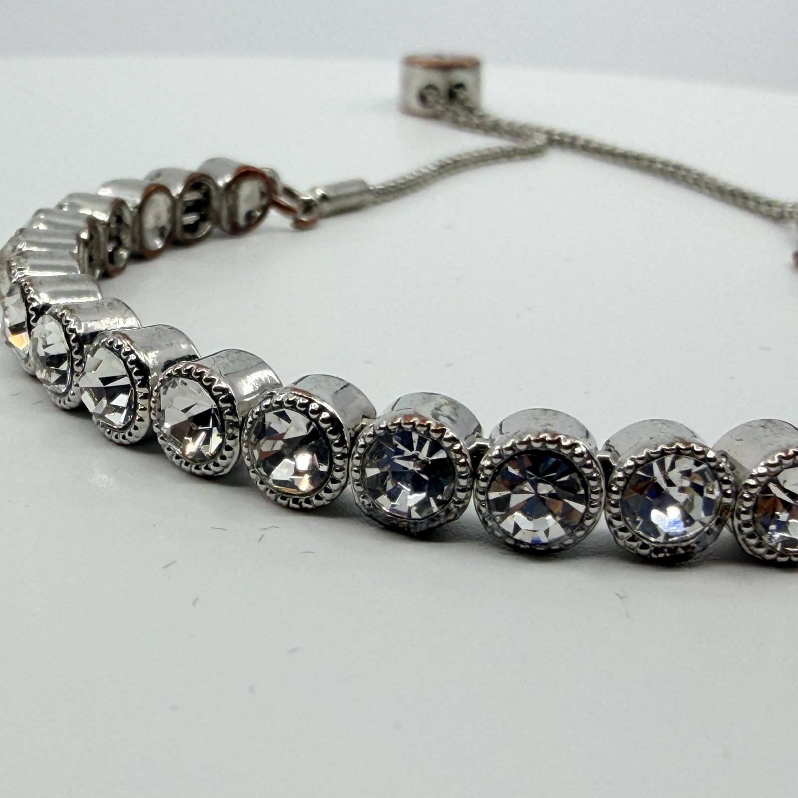 Vintage Silver Tone Rhinestone Tennis Bracelet Adjustable Slider Bolo Statement - Thumbnail 4