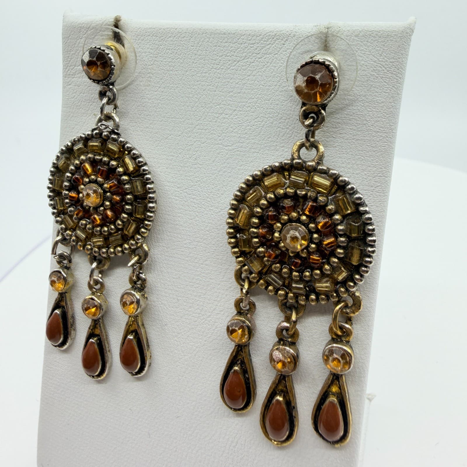 Vintage Silver Tone Amber Color Crystal Seed Bead Mandala Drop Earrings Boho Mod - Thumbnail 4