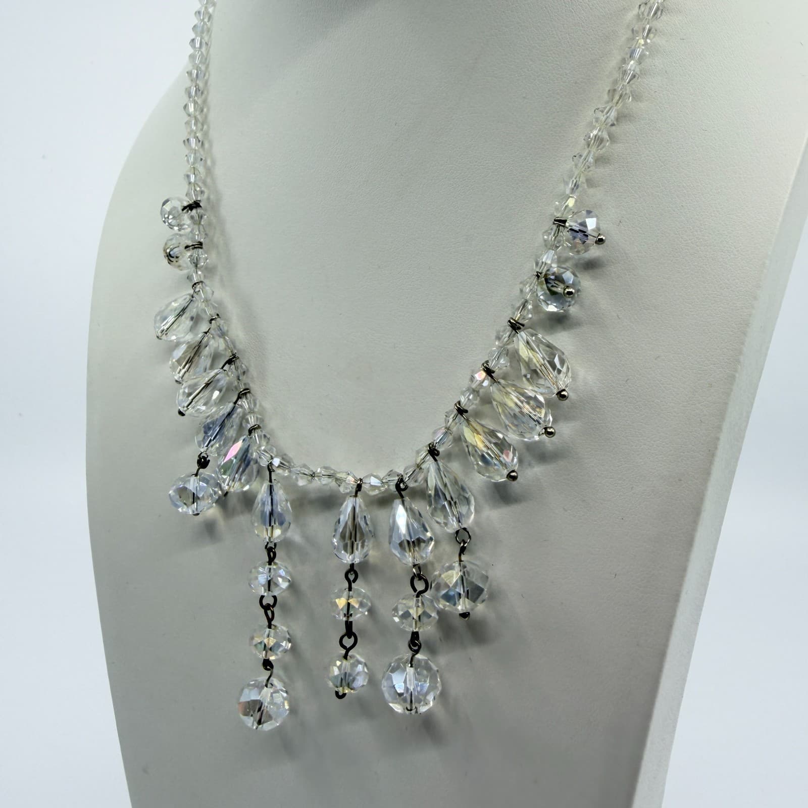 Vintage AB Aurora Borealis Glass Crystal Fringe Necklace Clear Iridescent Retro - Thumbnail 7