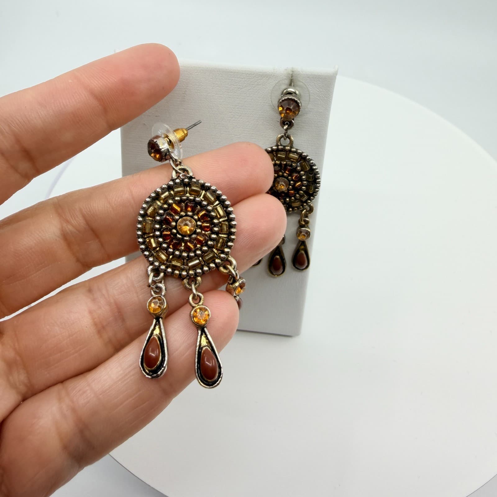 Vintage Silver Tone Amber Color Crystal Seed Bead Mandala Drop Earrings Boho Mod - Thumbnail 7