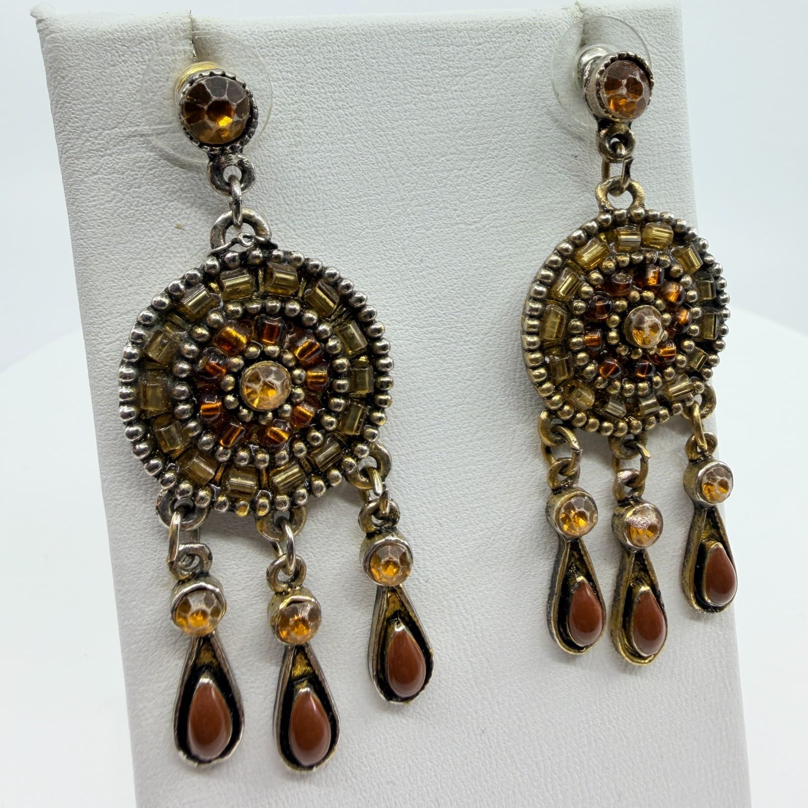 Vintage Silver Tone Amber Color Crystal Seed Bead Mandala Drop Earrings Boho Mod - Thumbnail 3