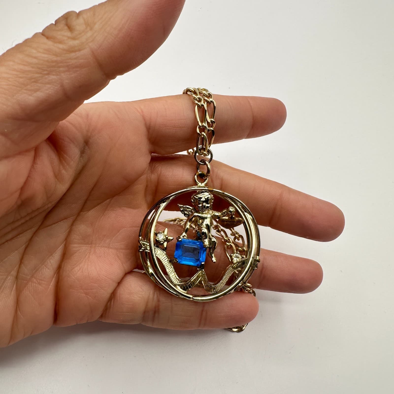 Vintage 80s September Birthstone Angel Pendant Necklace Blue Crystal Charm Gold - Thumbnail 6