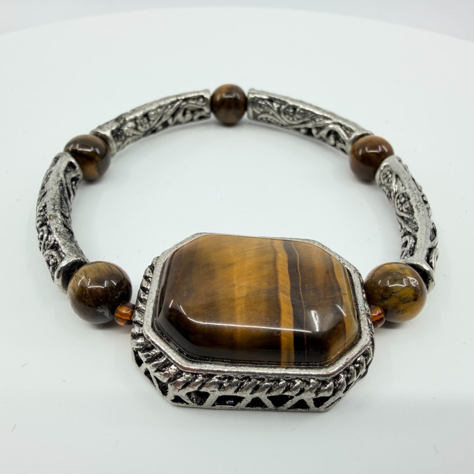 Vintage Silver Tone Faux Tiger's Eye Stretch Bracelet Filigree Link Statement - Thumbnail 2