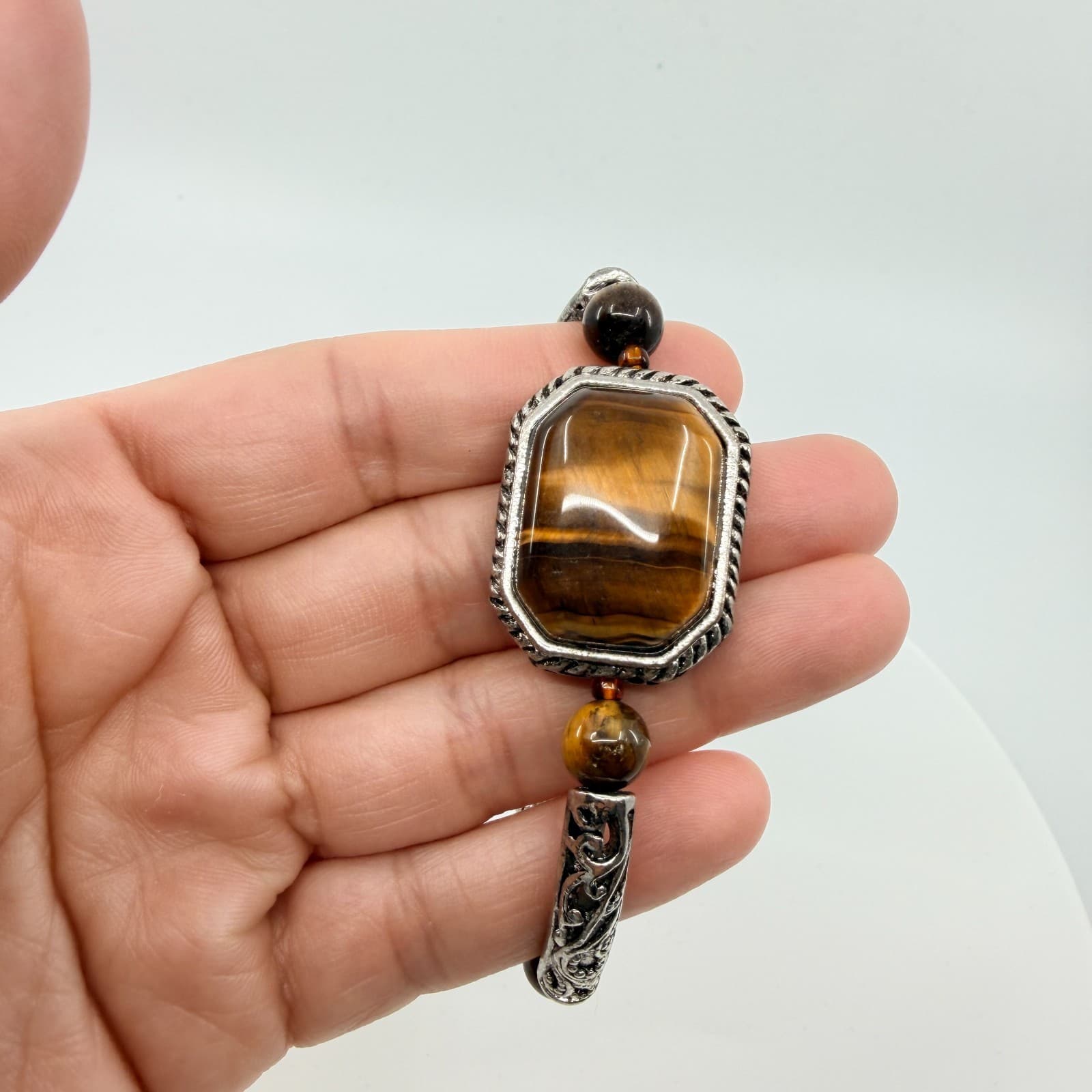 Vintage Silver Tone Faux Tiger's Eye Stretch Bracelet Filigree Link Statement - Thumbnail 6