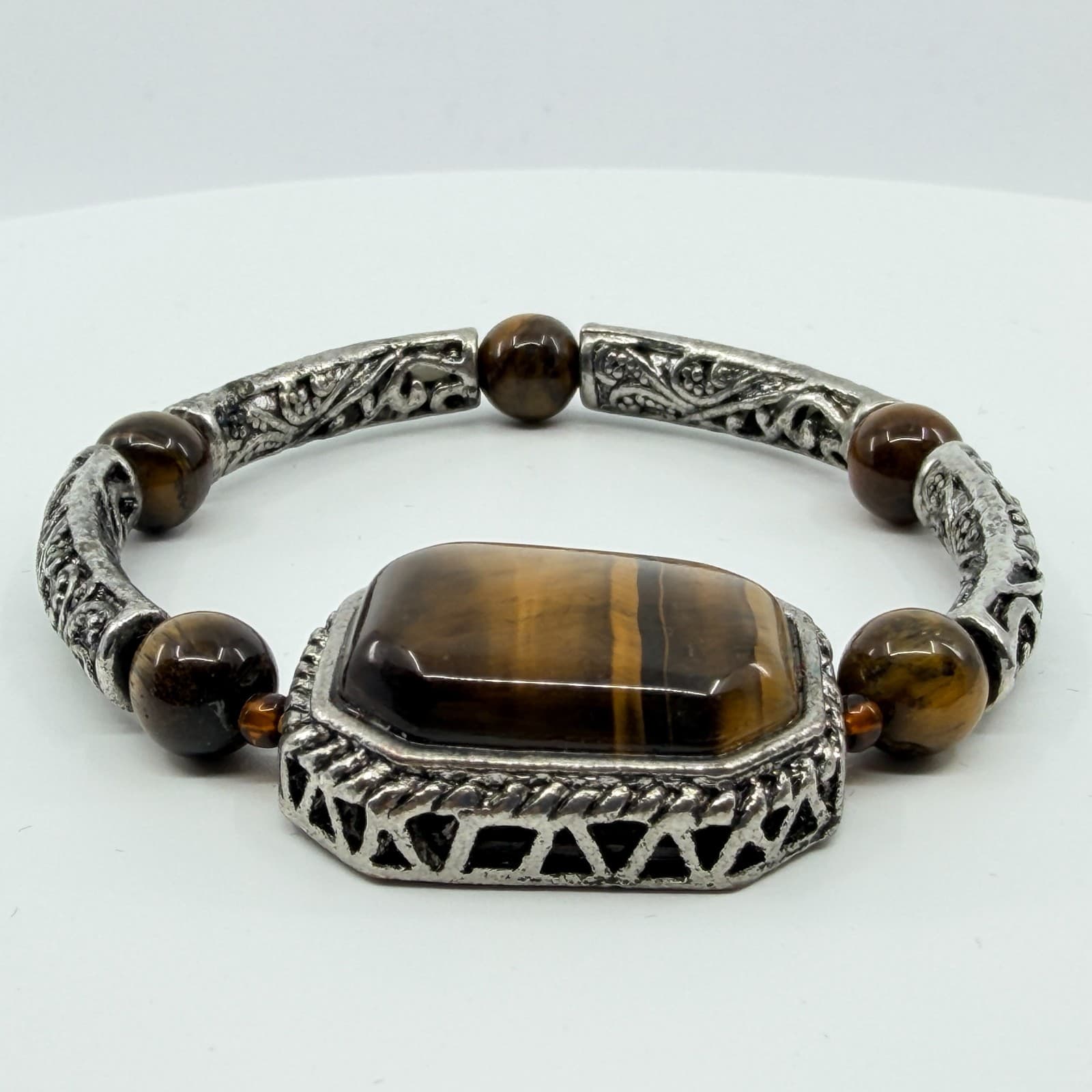 Vintage Silver Tone Faux Tiger's Eye Stretch Bracelet Filigree Link Statement - Thumbnail 4