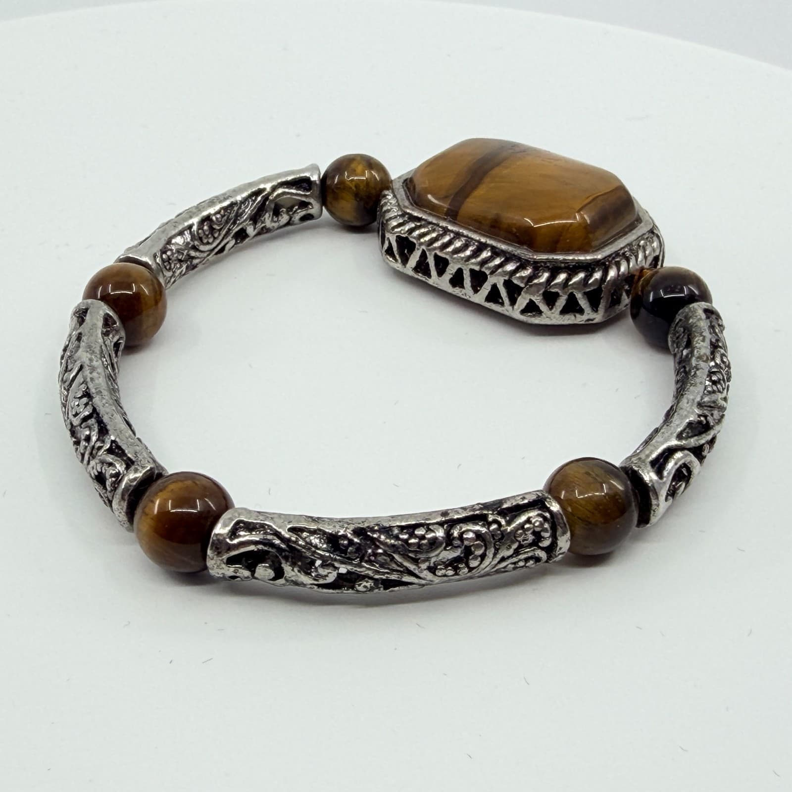 Vintage Silver Tone Faux Tiger's Eye Stretch Bracelet Filigree Link Statement - Thumbnail 5