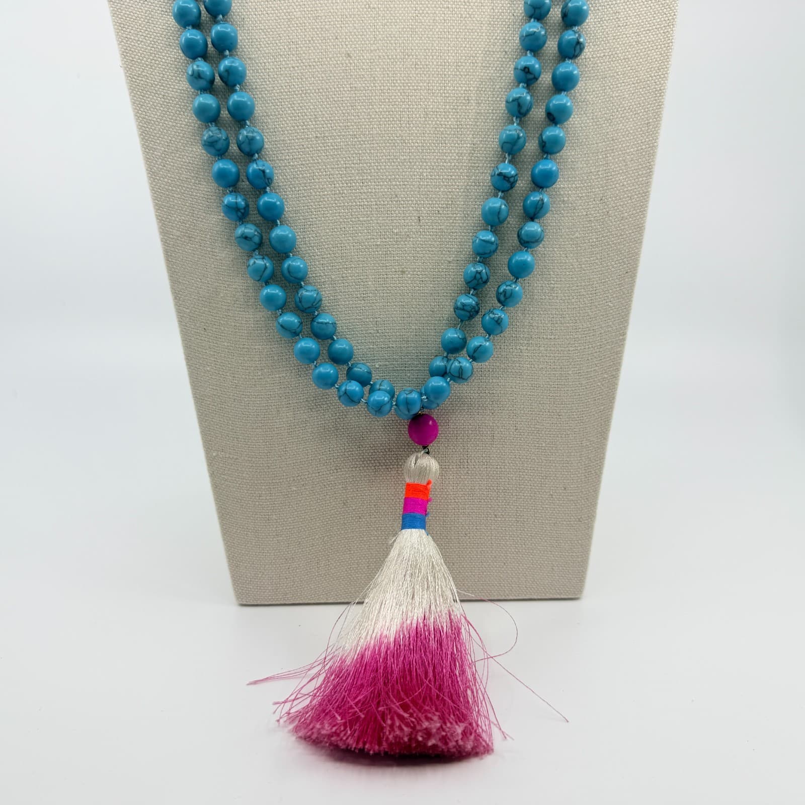 Vintage Turquoise Tone Mala Bead Necklace Long 108 Prayer Tassel Boho Yoga Y2K - Thumbnail 2