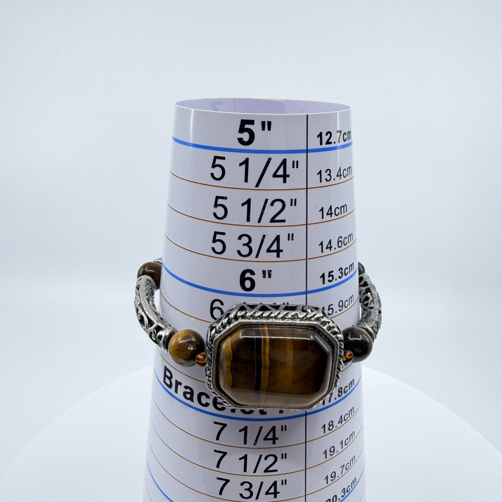 Vintage Silver Tone Faux Tiger's Eye Stretch Bracelet Filigree Link Statement - Thumbnail 7