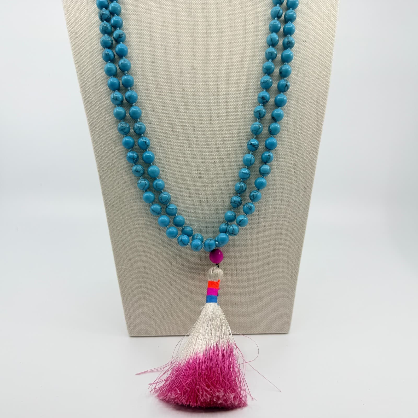 Vintage Turquoise Tone Mala Bead Necklace Long 108 Prayer Tassel Boho Yoga Y2K - Thumbnail 3