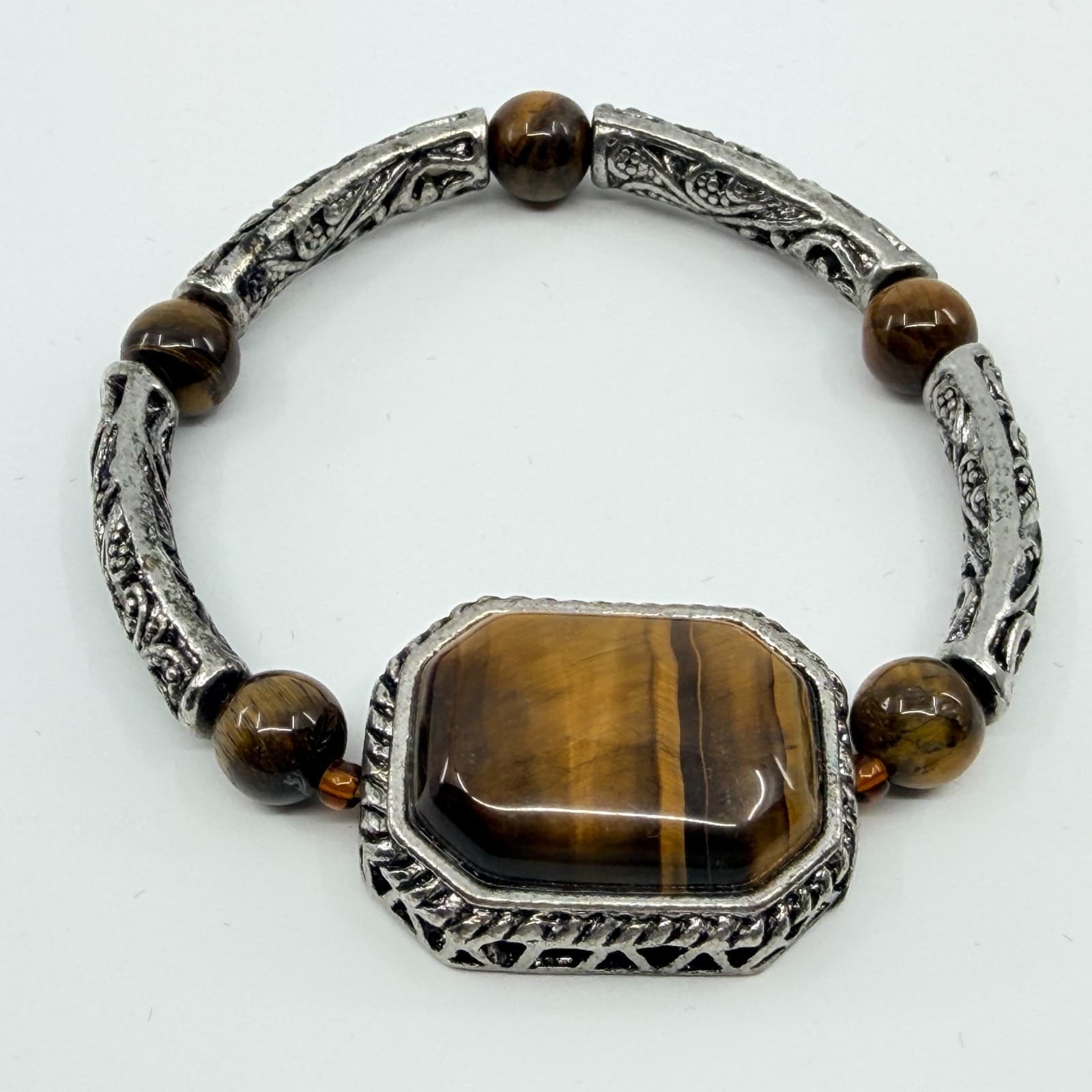 Vintage Silver Tone Faux Tiger's Eye Stretch Bracelet Filigree Link Statement - Thumbnail 3