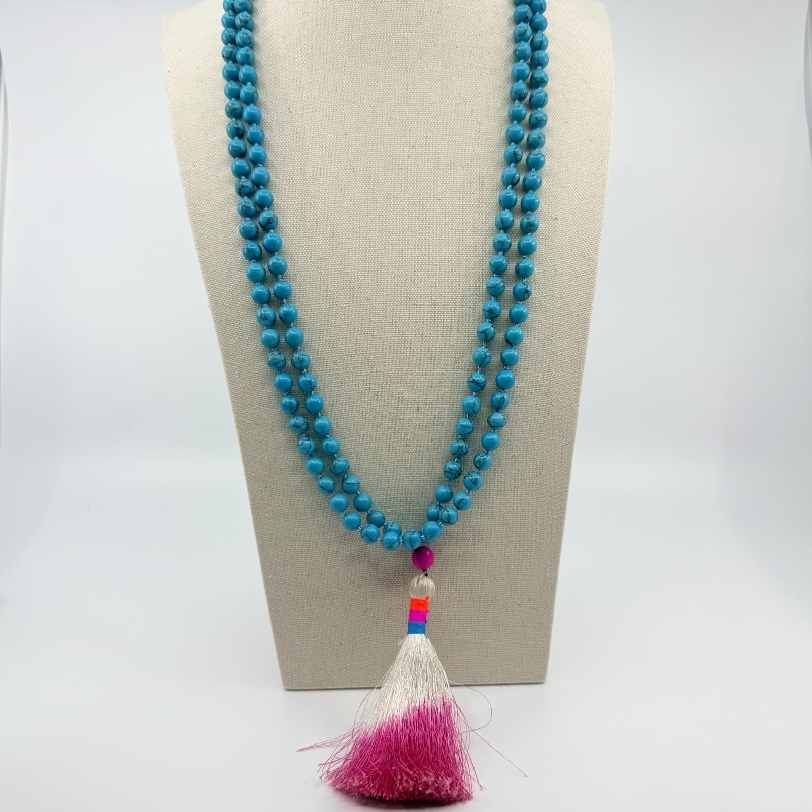Vintage Turquoise Tone Mala Bead Necklace Long 108 Prayer Tassel Boho Yoga Y2K - Thumbnail 7