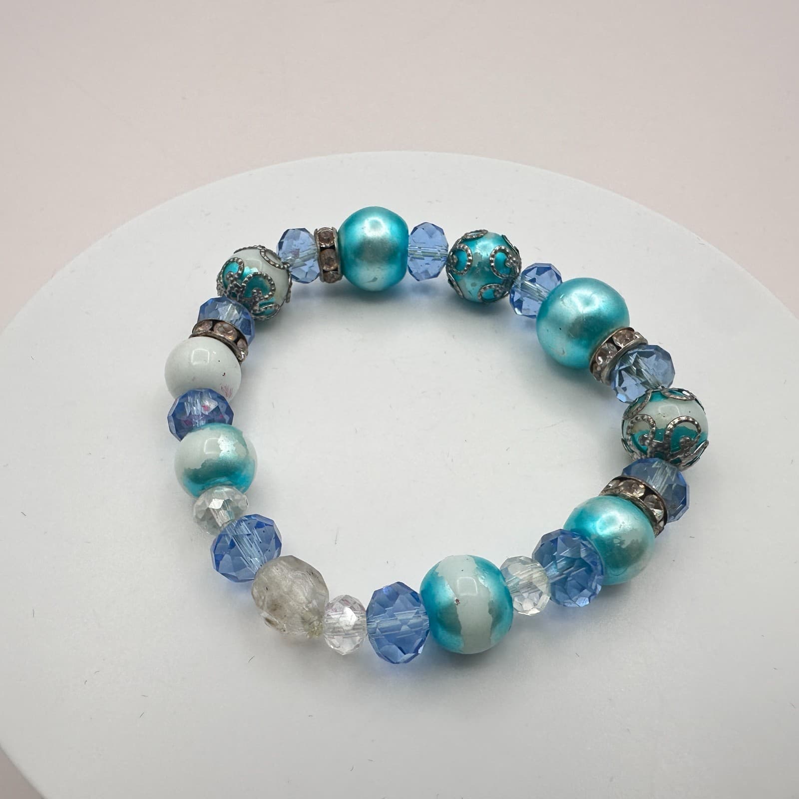 Vintage Y2K Silver Tone Stretch Beaded Bracelet Boho Women's Classic Jewelry - Thumbnail 2