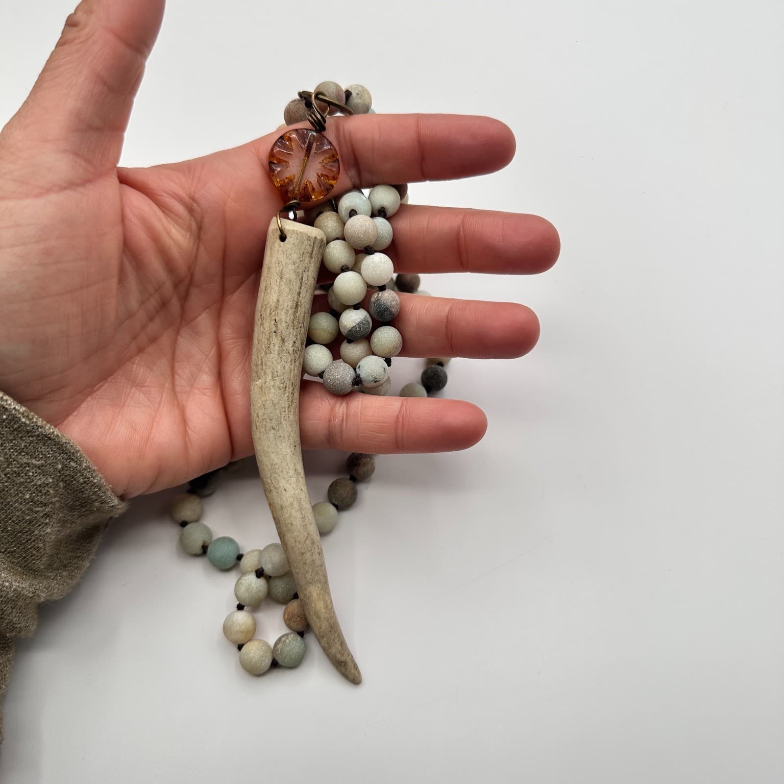 Vintage 80s Deer Antler Tine Knotted Necklace Amazonite Mala Pendant Jewelry - Thumbnail 8
