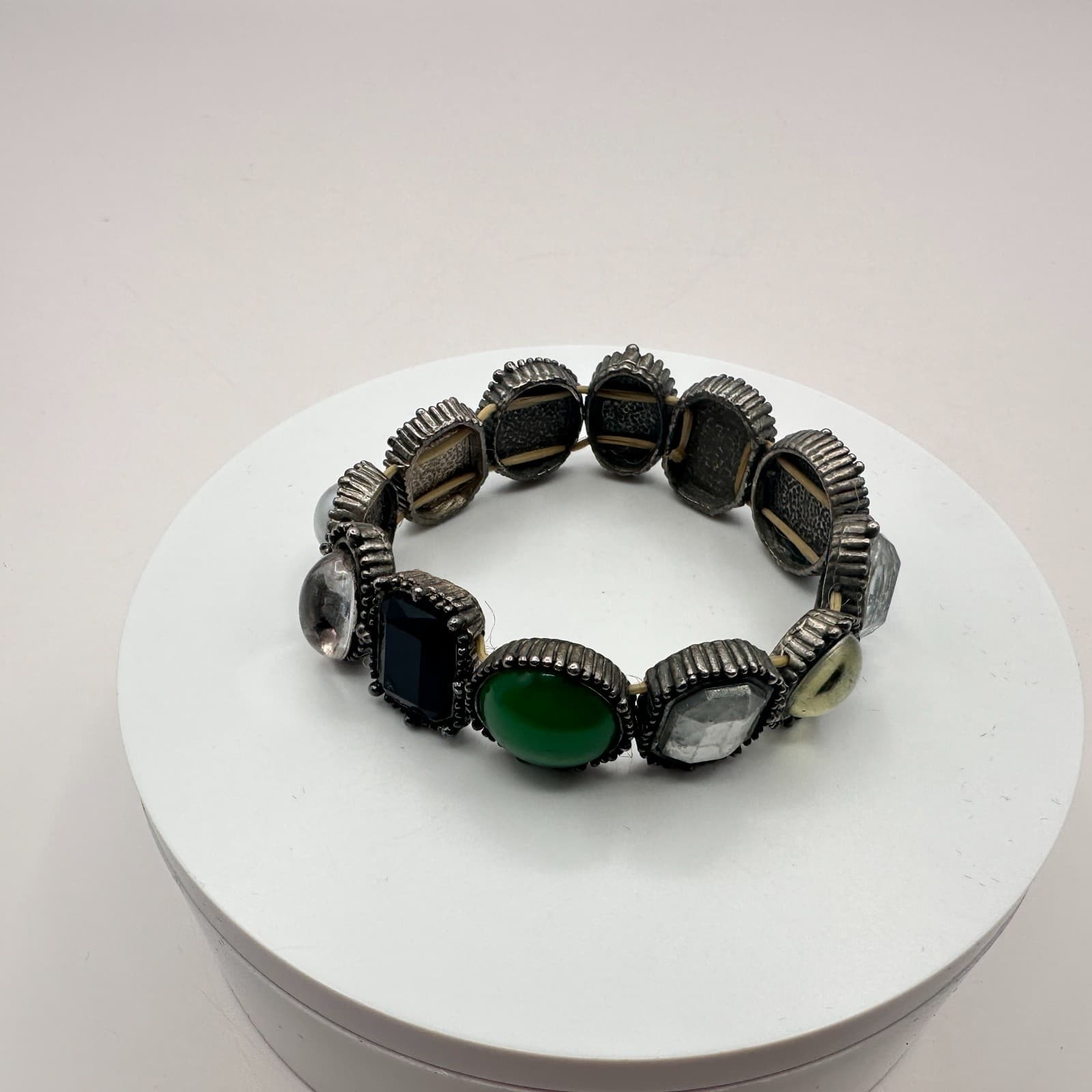 Vintage Y2K Silver Tone Stretch Stone Bracelet Boho Women's Classic Jewelry - Thumbnail 2