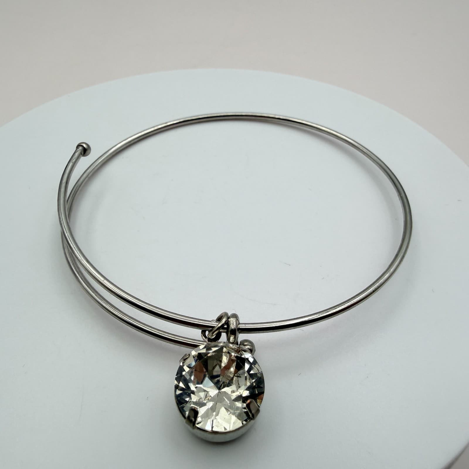 Vintage Y2K Silver Tone Clear Rhinestone Charm Bangle Women's Classic Jewelry - Thumbnail 6