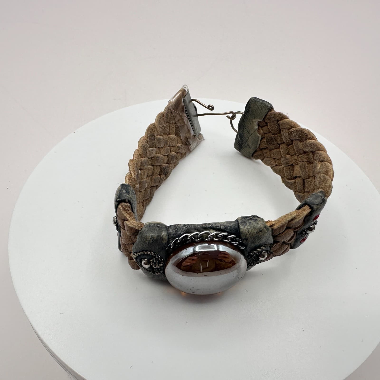 Vintage 90s Beaded Leather Bracelet Glass Dome Women's Classic Fashion Jewelry - Thumbnail 3