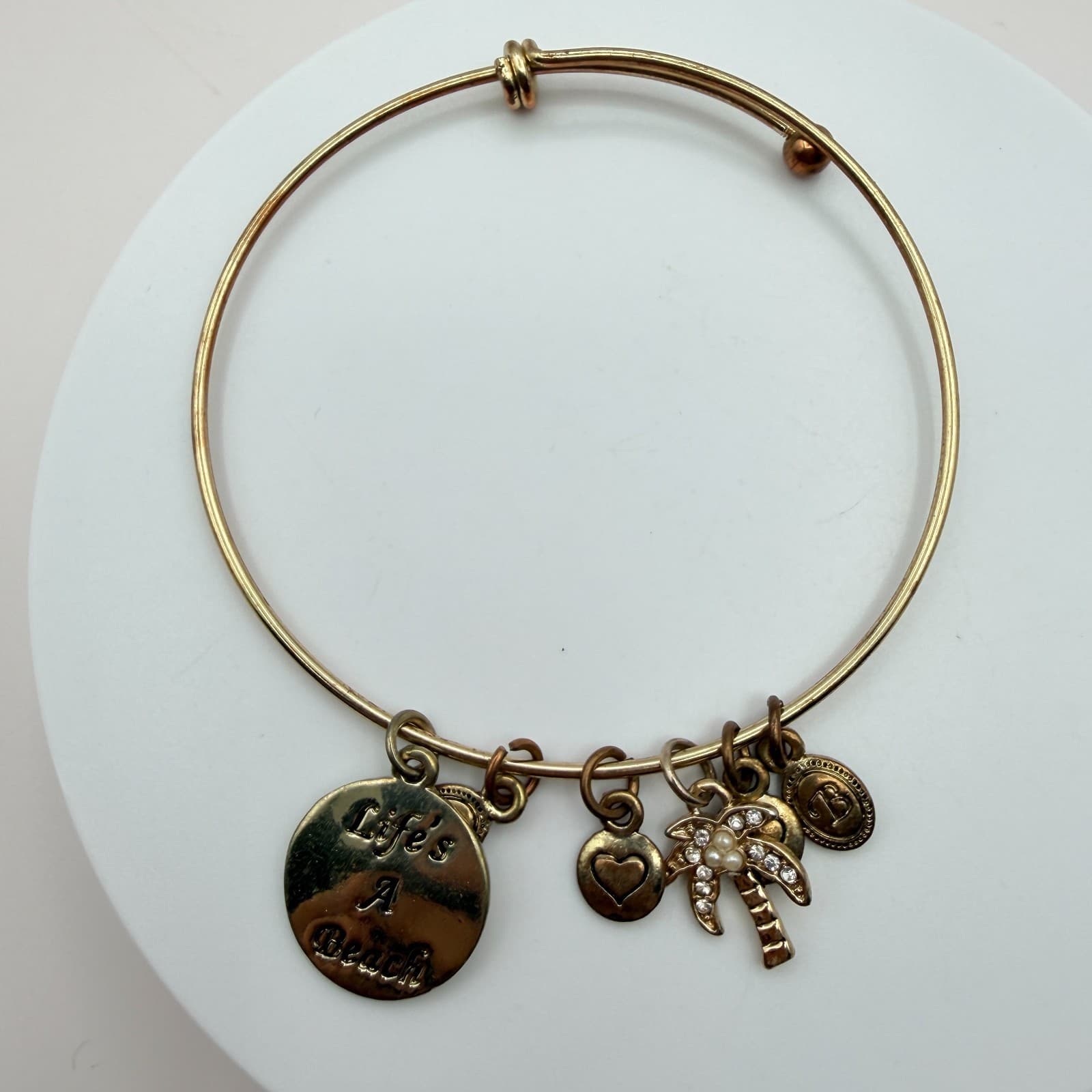 Vintage 90s Gold Tone Bangle Bracelet Palm Tree Heart Life’s A Beach Charm Glass - Thumbnail 2
