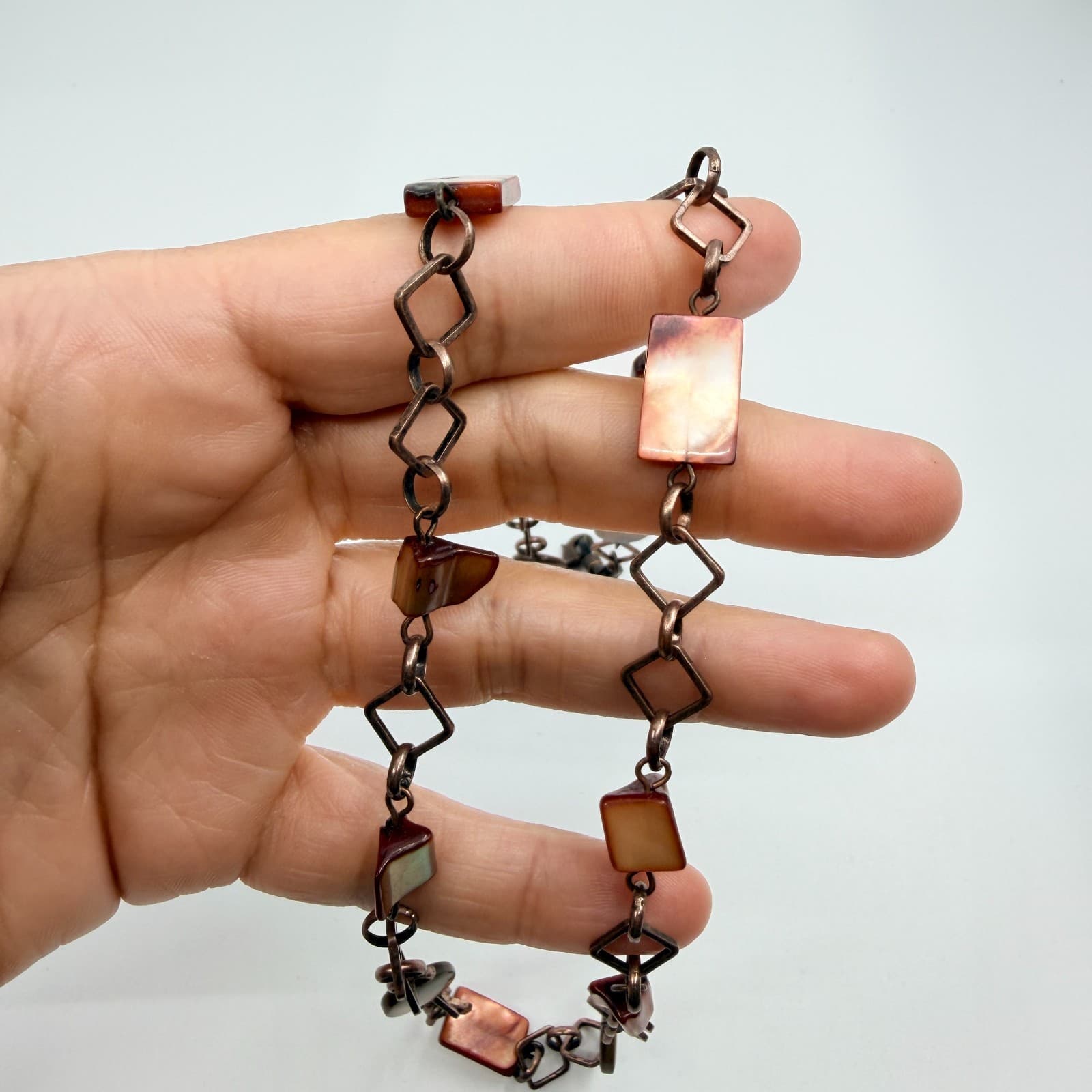 Vintage Copper Tone Chain Necklace Long Geometric Faux Shell Brown Boho Retro - Thumbnail 9