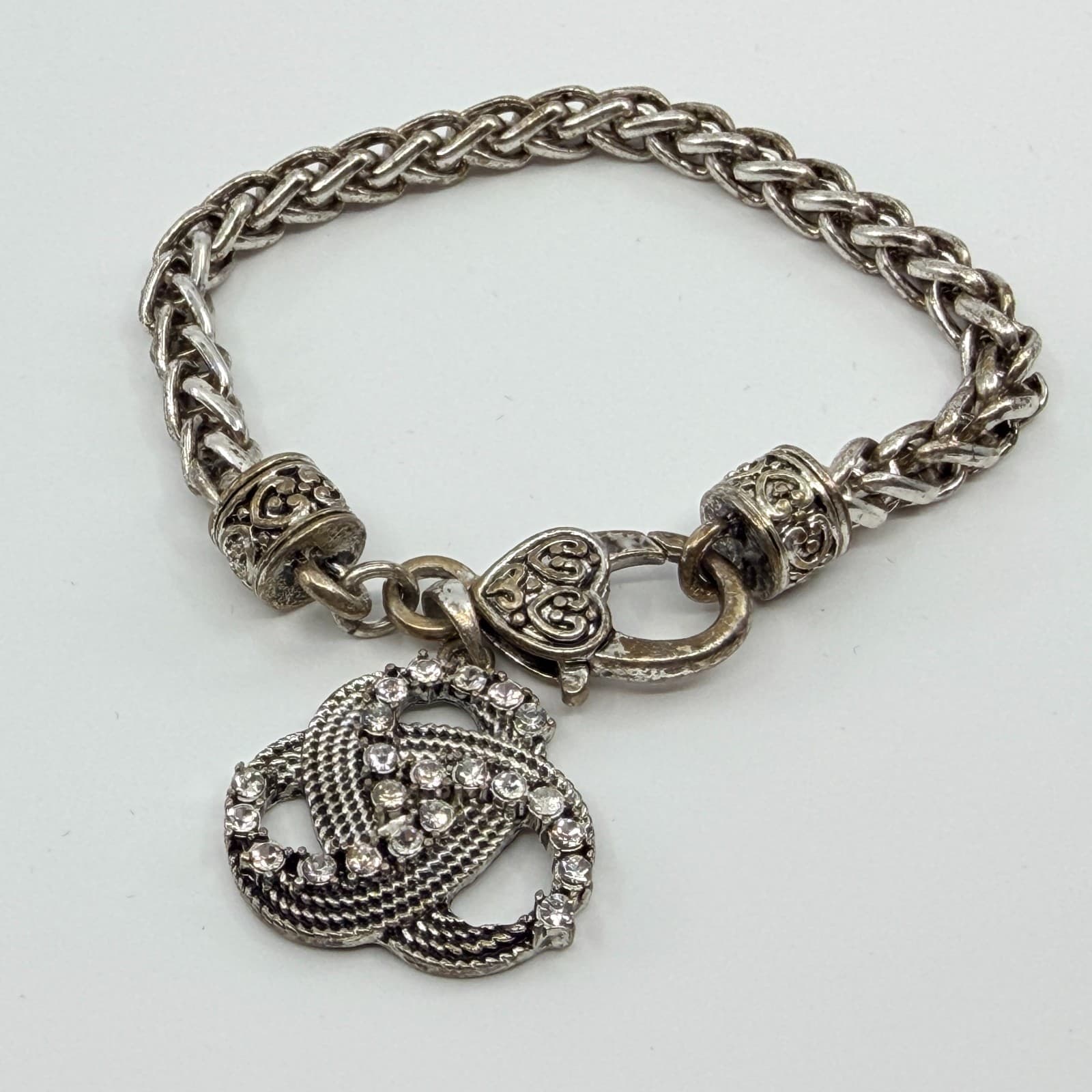 Vintage Silver Tone Rhinestone Interlocking Loop Charm Bracelet Chain Heart 90s - Thumbnail 4