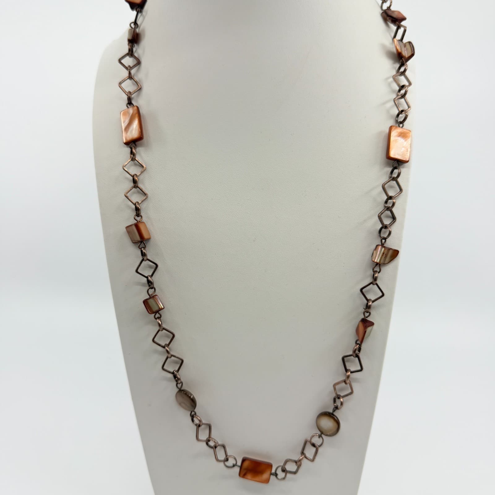 Vintage Copper Tone Chain Necklace Long Geometric Faux Shell Brown Boho Retro - Thumbnail 7