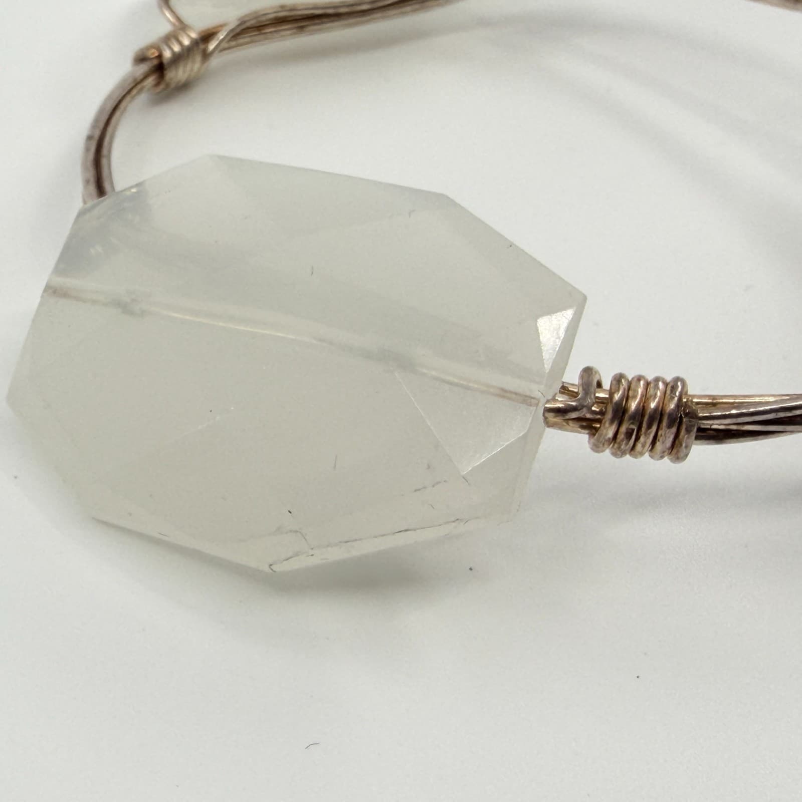 Vintage Silver Tone Wire Wrapped Bangle Bracelet Clear Faux Stone Chunky Boho - Thumbnail 4