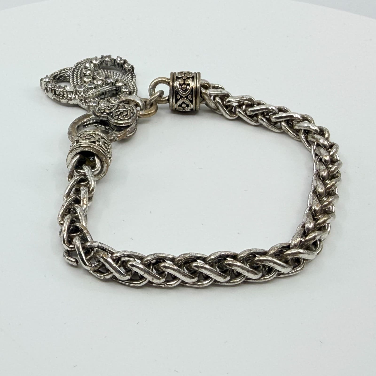 Vintage Silver Tone Rhinestone Interlocking Loop Charm Bracelet Chain Heart 90s - Thumbnail 5