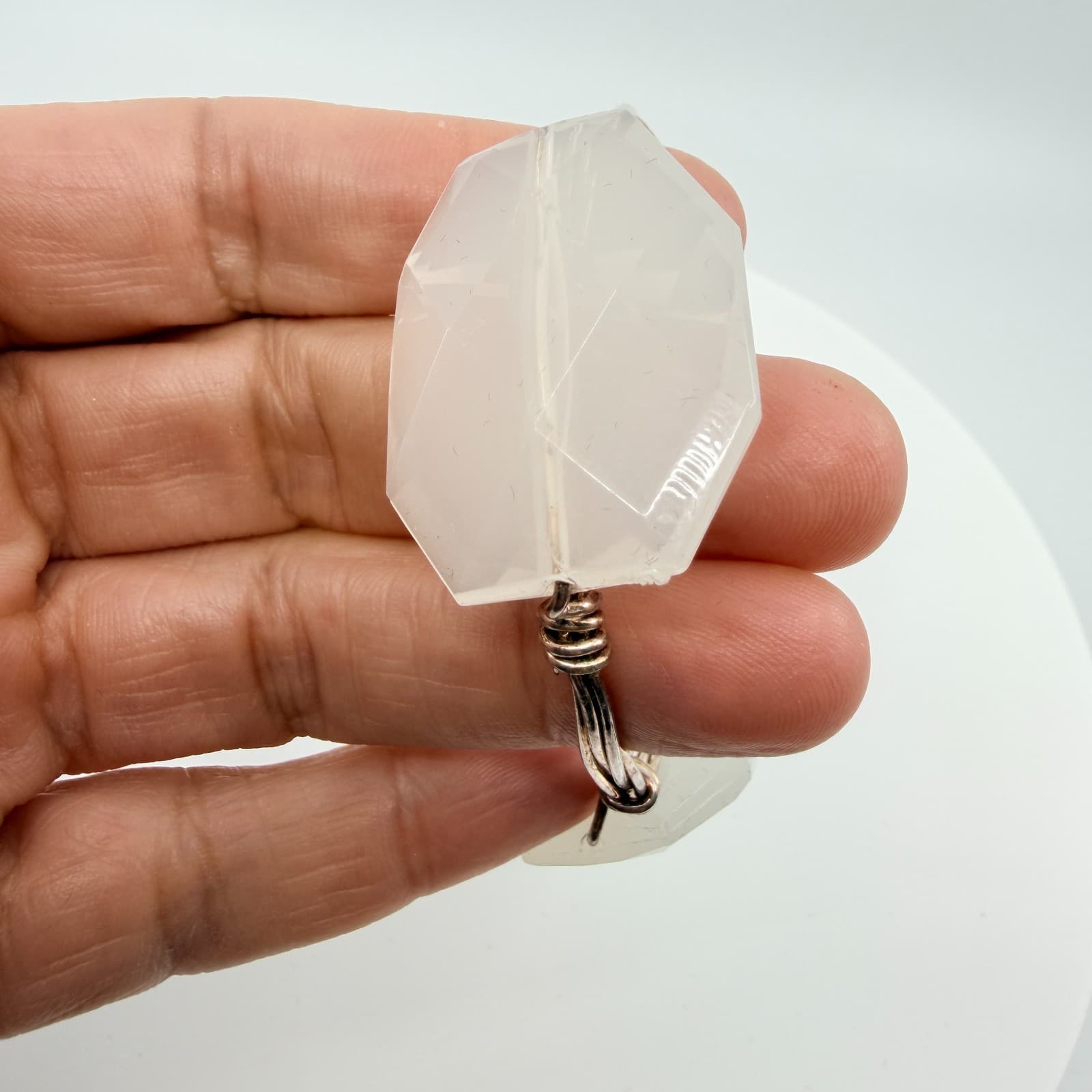 Vintage Silver Tone Wire Wrapped Bangle Bracelet Clear Faux Stone Chunky Boho - Thumbnail 6