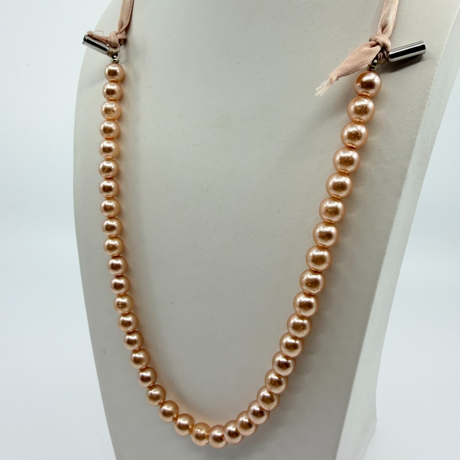 Vintage Rose Gold Tone Faux Pearl Necklace Ribbon Tie Minimalist Simple Pink 90s - Thumbnail 5