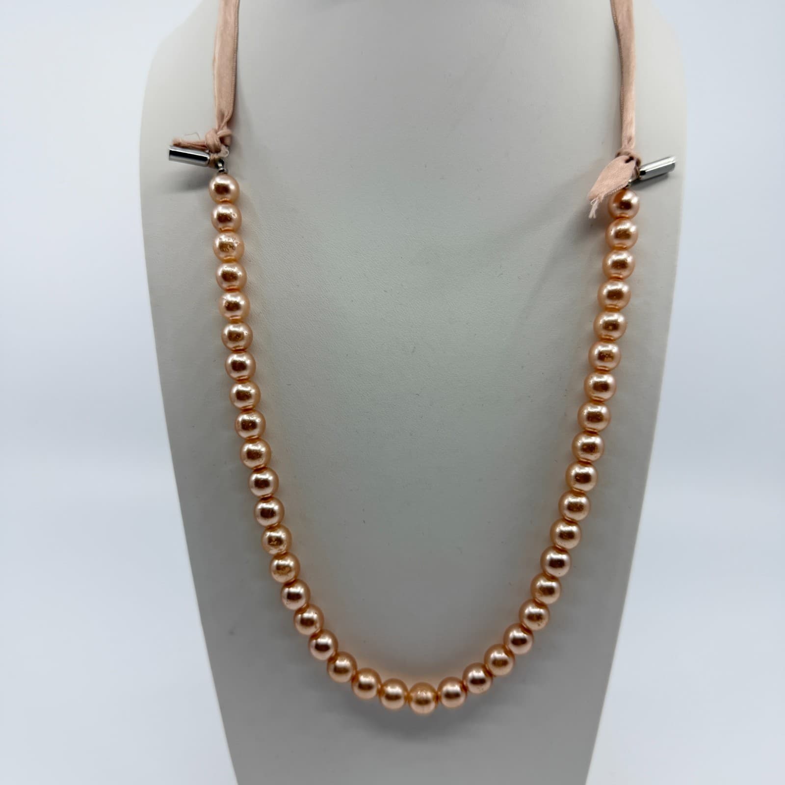 Vintage Rose Gold Tone Faux Pearl Necklace Ribbon Tie Minimalist Simple Pink 90s - Thumbnail 2