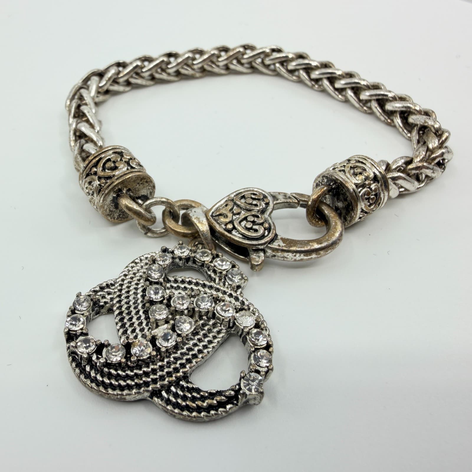 Vintage Silver Tone Rhinestone Interlocking Loop Charm Bracelet Chain Heart 90s - Thumbnail 2