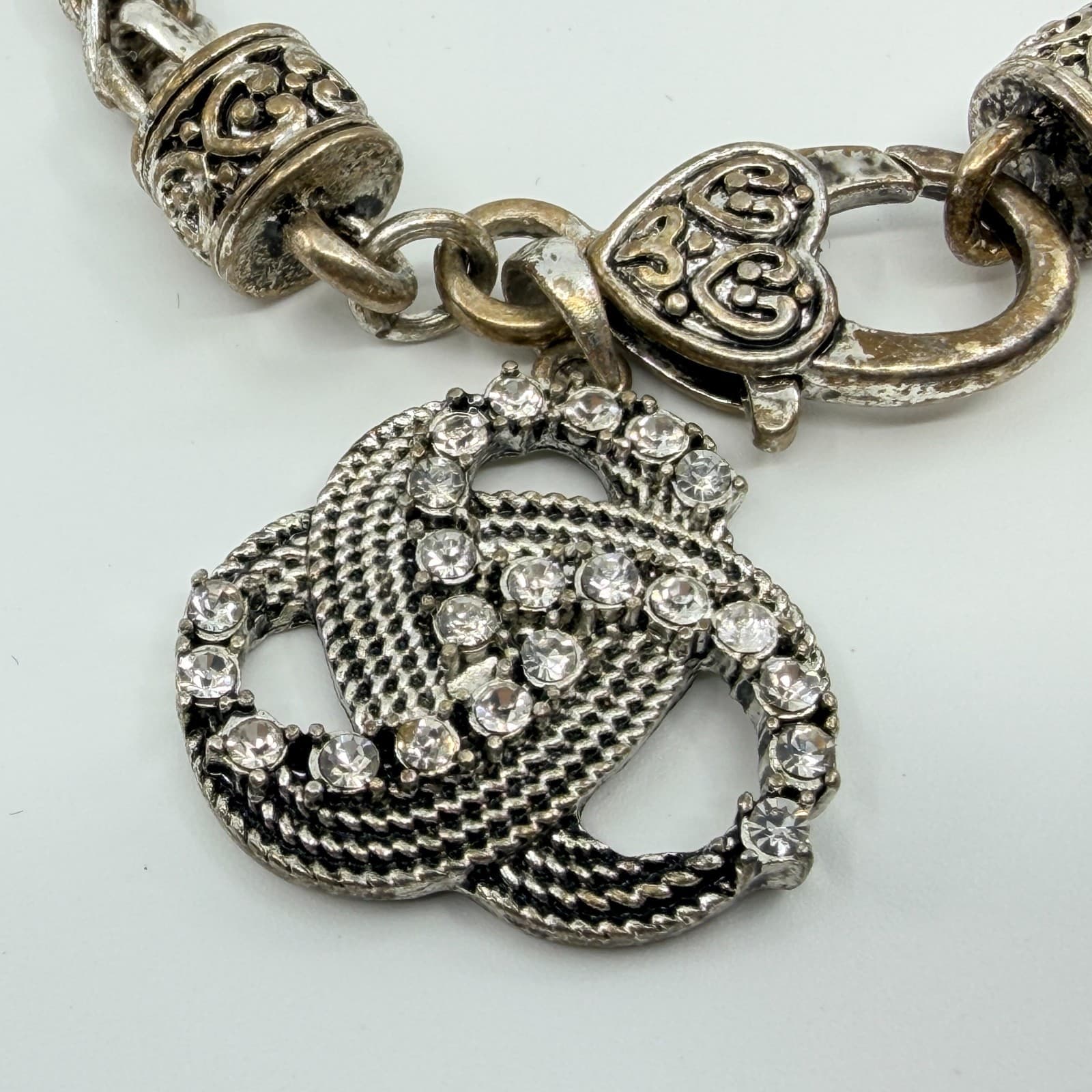 Vintage Silver Tone Rhinestone Interlocking Loop Charm Bracelet Chain Heart 90s - Thumbnail 3