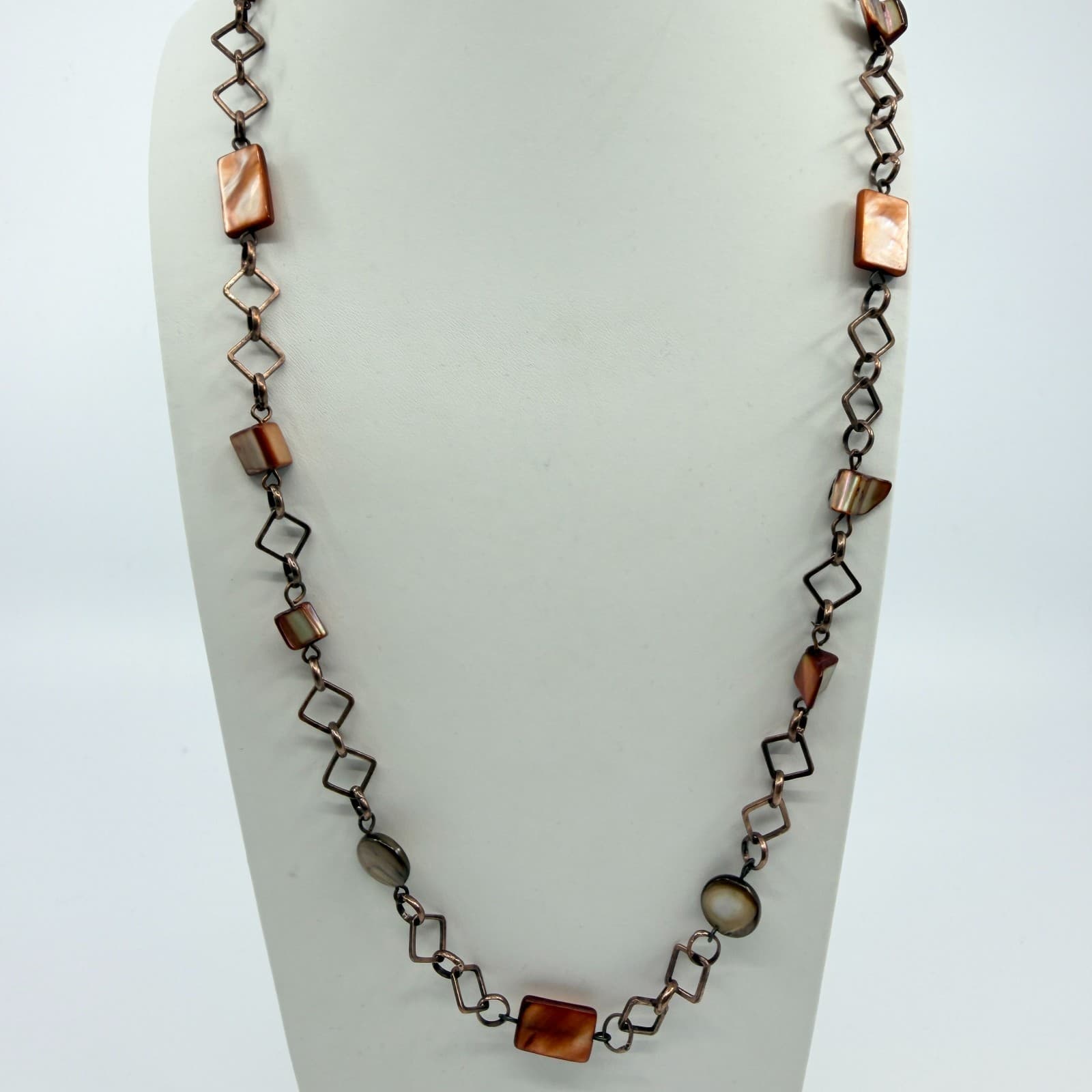 Vintage Copper Tone Chain Necklace Long Geometric Faux Shell Brown Boho Retro - Thumbnail 3