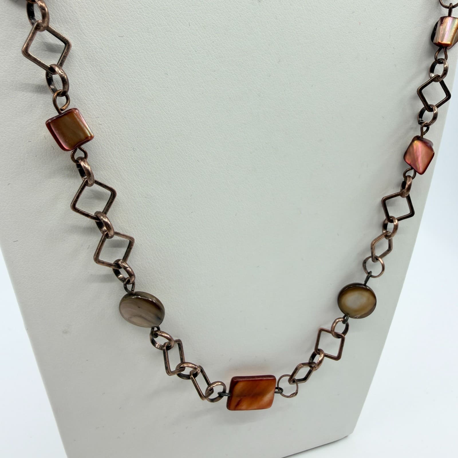 Vintage Copper Tone Chain Necklace Long Geometric Faux Shell Brown Boho Retro - Thumbnail 5