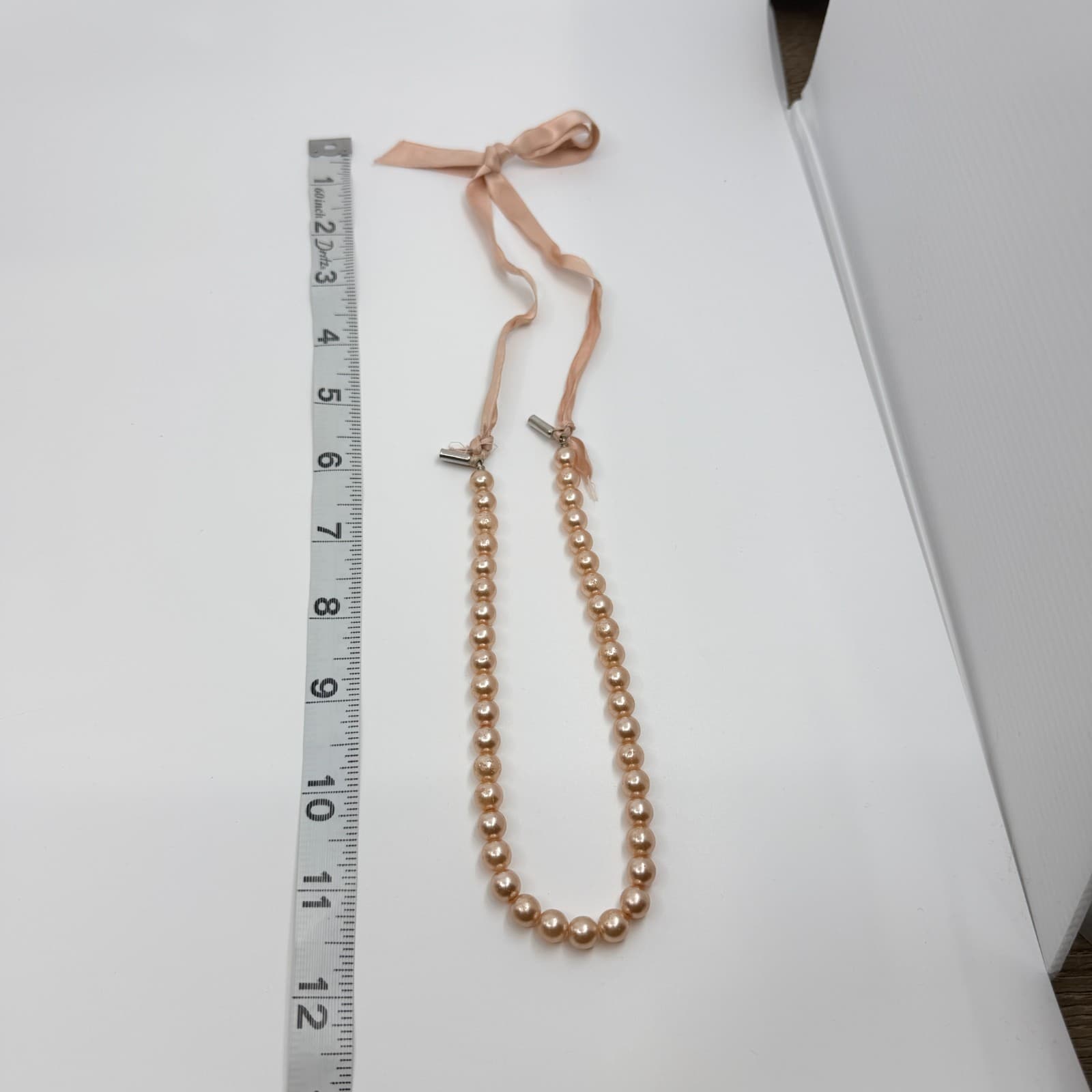 Vintage Rose Gold Tone Faux Pearl Necklace Ribbon Tie Minimalist Simple Pink 90s - Thumbnail 9