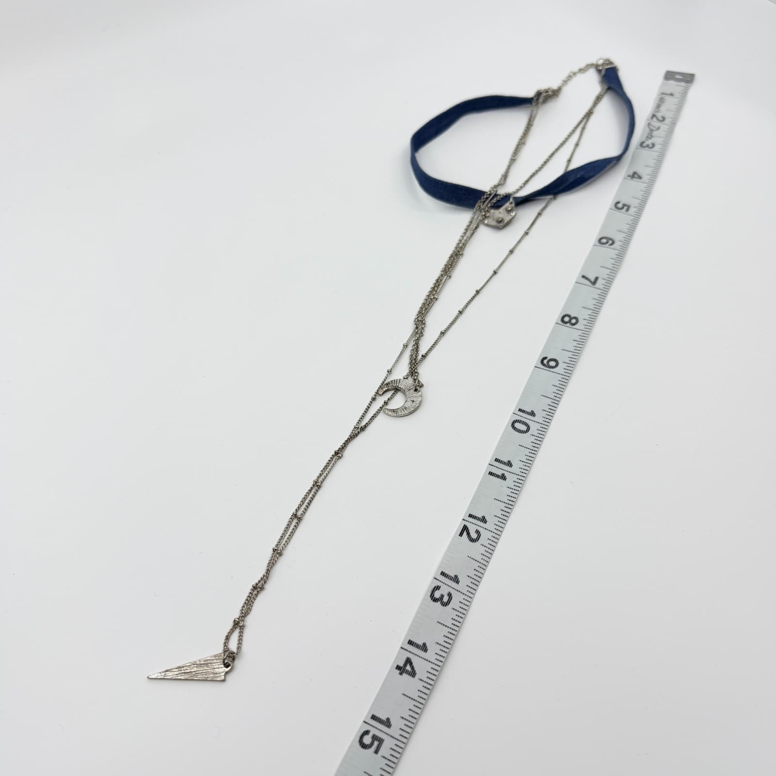 Vintage Silver Tone Layered Choker Necklace Crescent Moon Arrowhead Blue Ribbon - Thumbnail 12