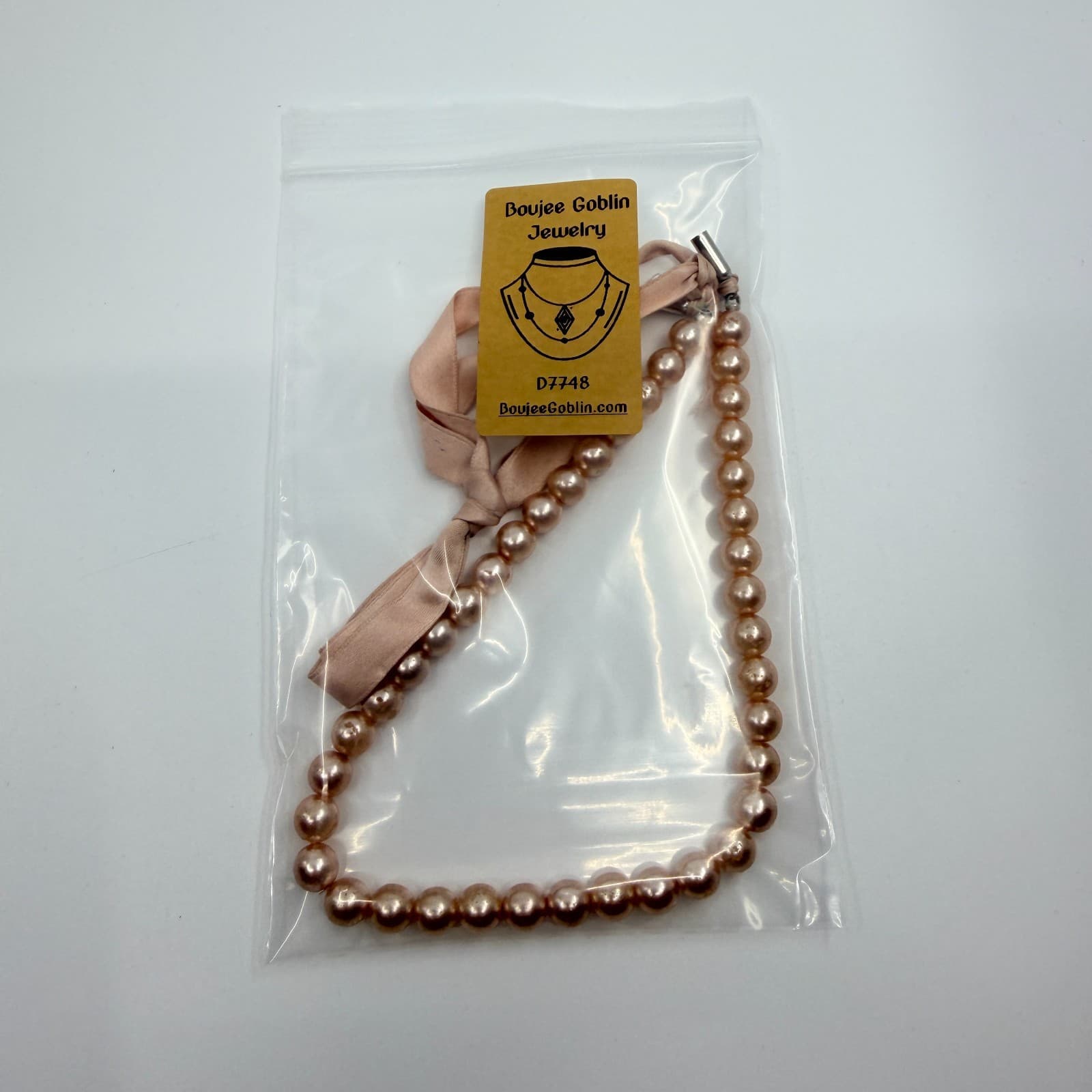 Vintage Rose Gold Tone Faux Pearl Necklace Ribbon Tie Minimalist Simple Pink 90s - Thumbnail 10