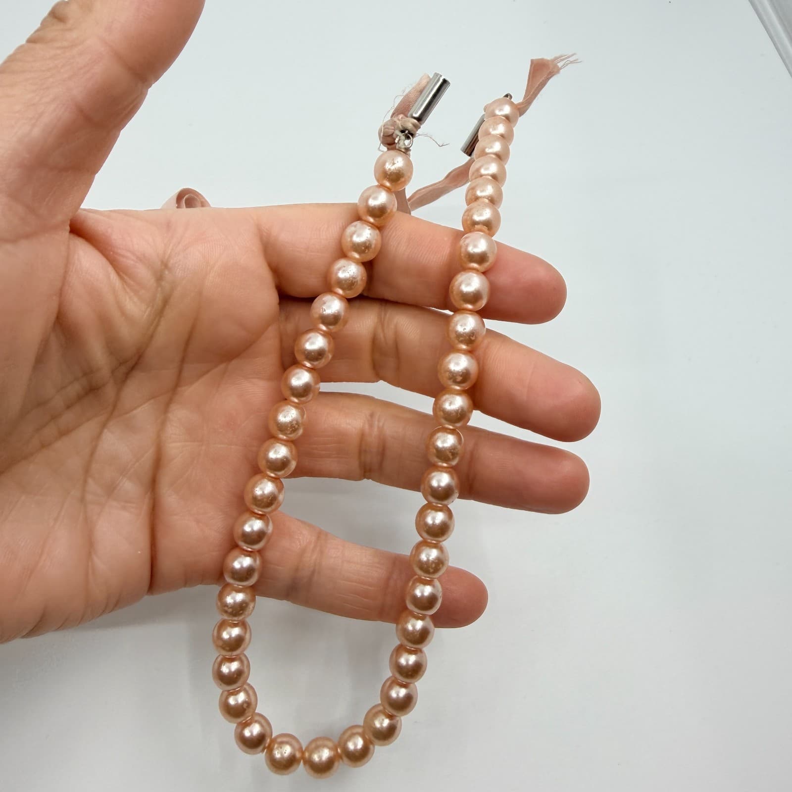 Vintage Rose Gold Tone Faux Pearl Necklace Ribbon Tie Minimalist Simple Pink 90s - Thumbnail 8