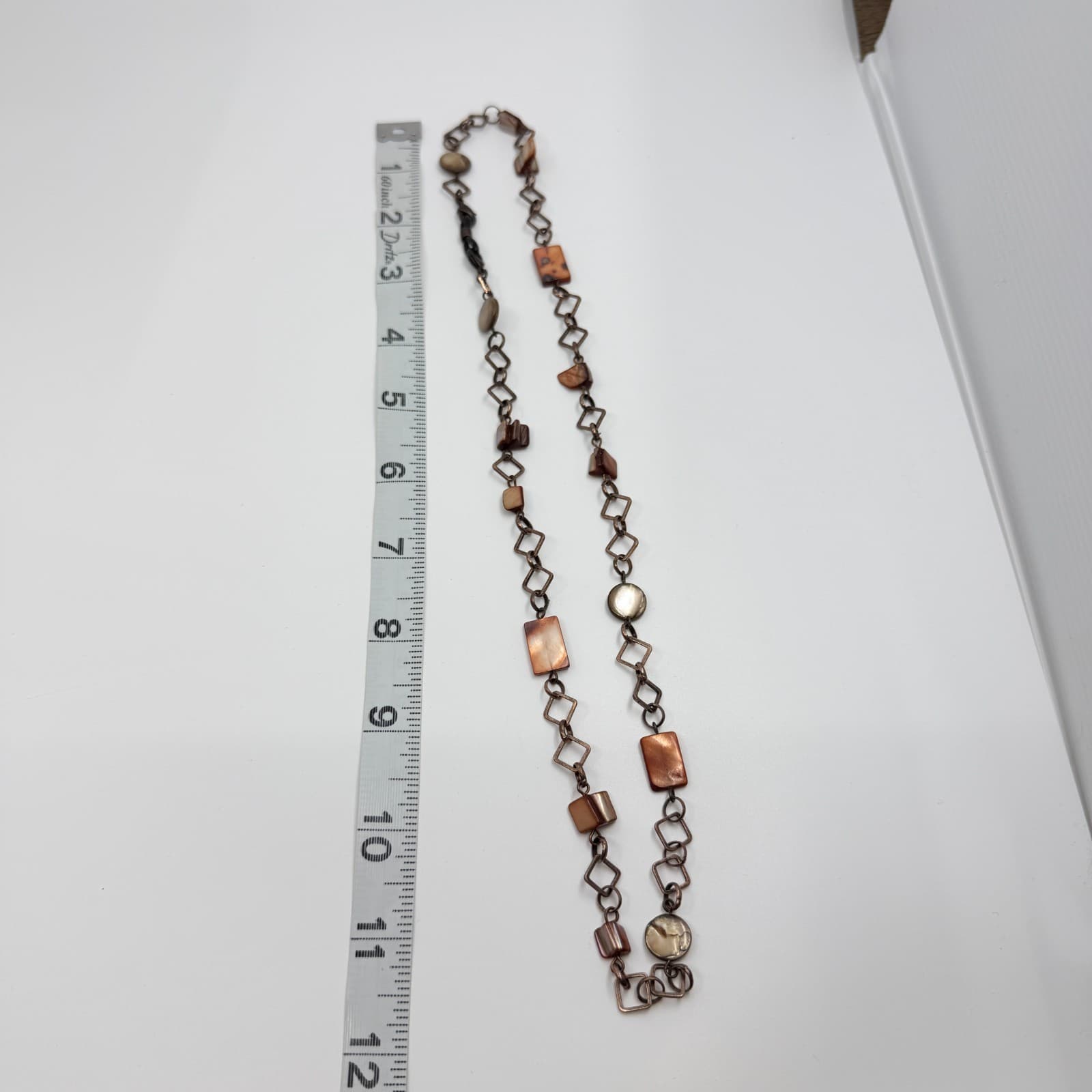 Vintage Copper Tone Chain Necklace Long Geometric Faux Shell Brown Boho Retro - Thumbnail 10