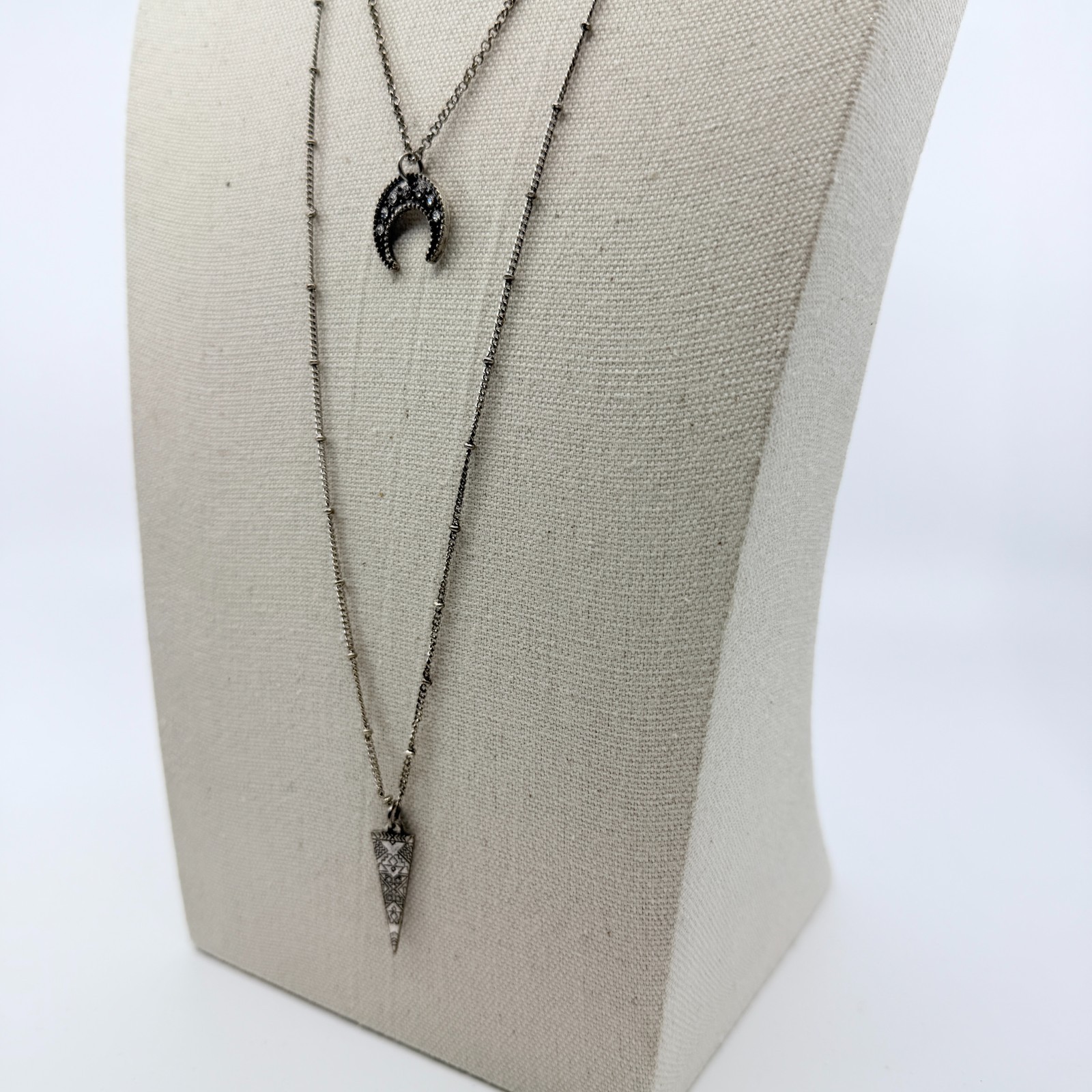 Vintage Silver Tone Layered Choker Necklace Crescent Moon Arrowhead Blue Ribbon - Thumbnail 10