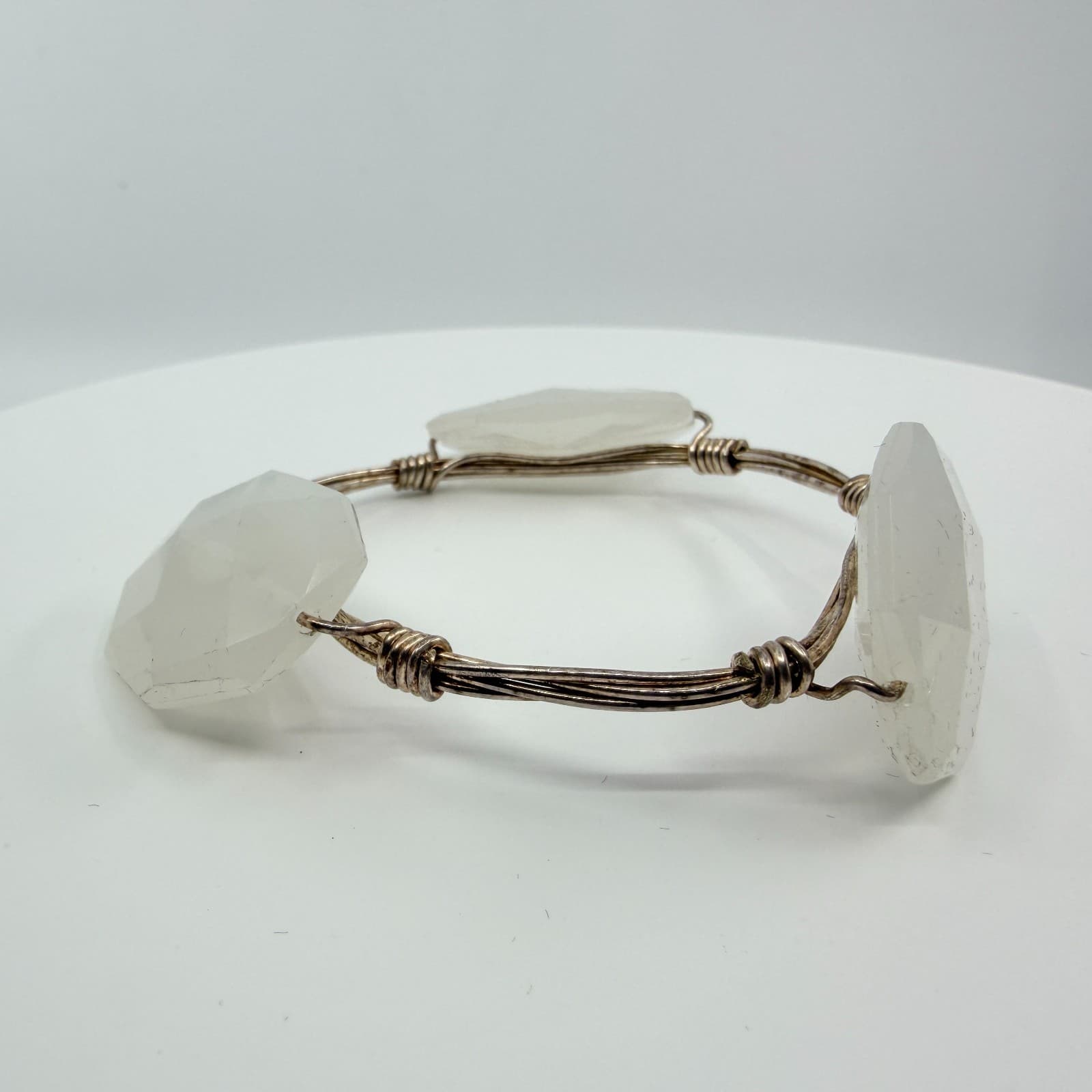 Vintage Silver Tone Wire Wrapped Bangle Bracelet Clear Faux Stone Chunky Boho - Thumbnail 5
