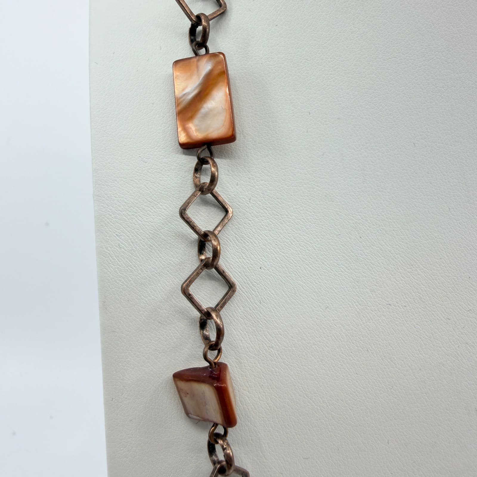 Vintage Copper Tone Chain Necklace Long Geometric Faux Shell Brown Boho Retro - Thumbnail 6