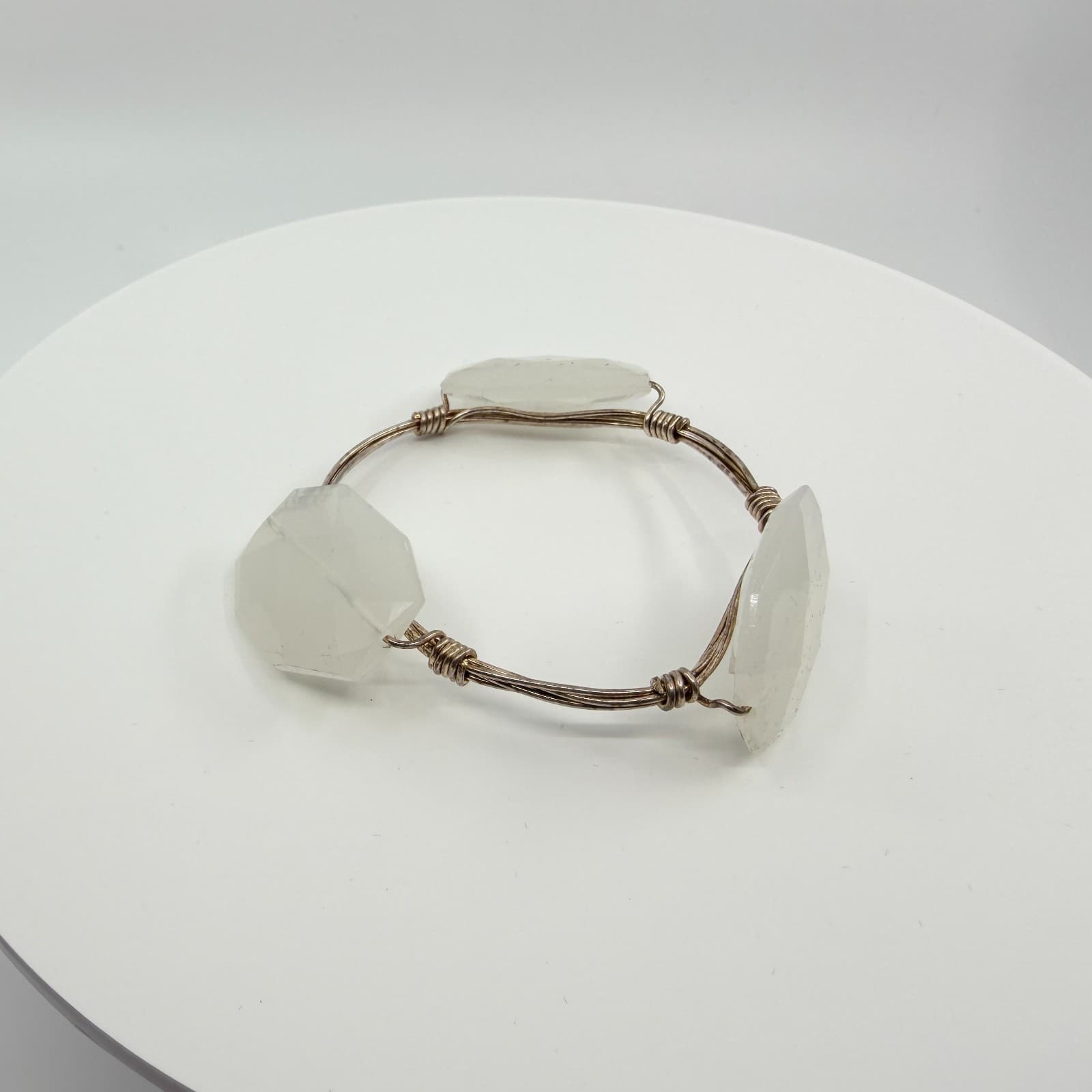 Vintage Silver Tone Wire Wrapped Bangle Bracelet Clear Faux Stone Chunky Boho - Thumbnail 2
