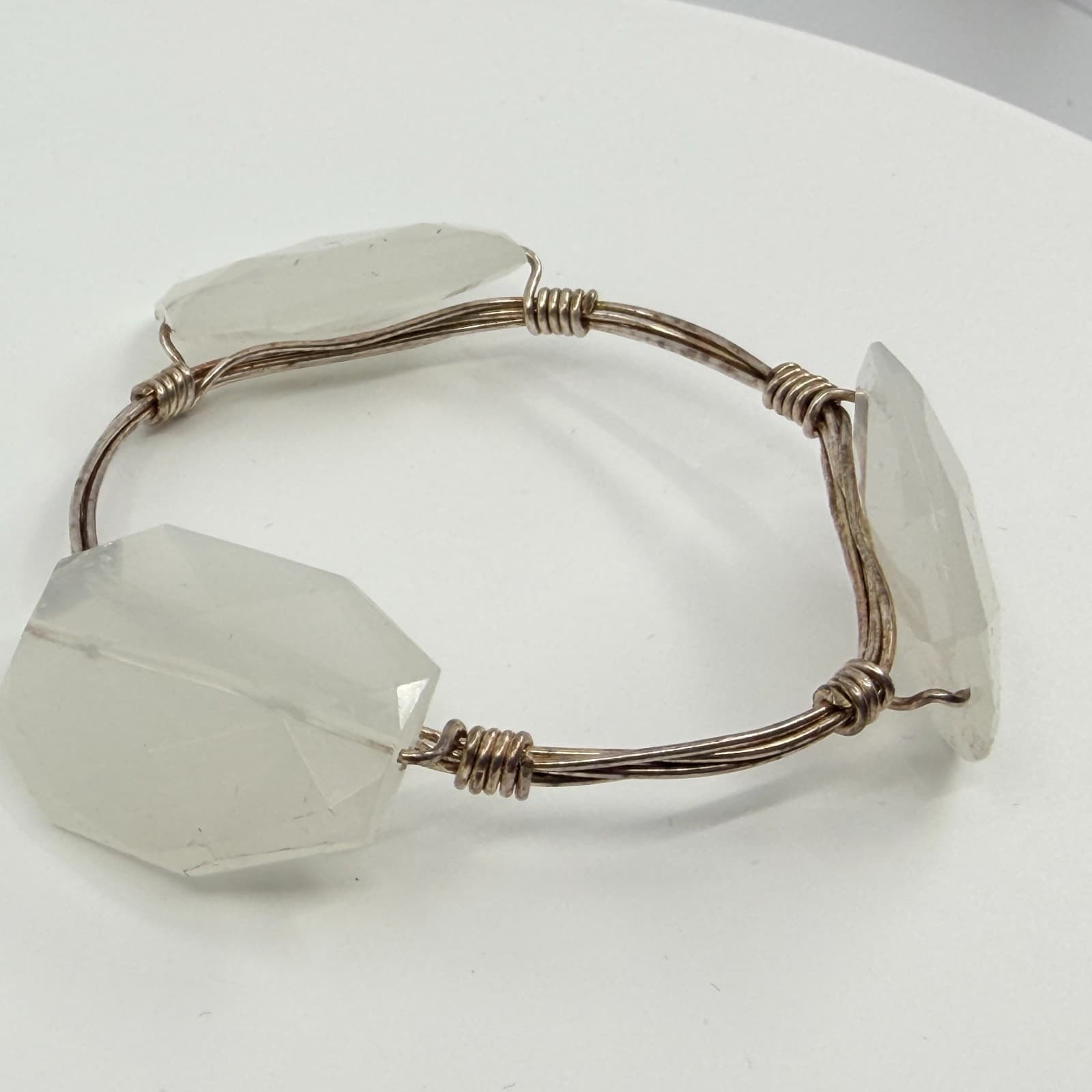 Vintage Silver Tone Wire Wrapped Bangle Bracelet Clear Faux Stone Chunky Boho - Thumbnail 3