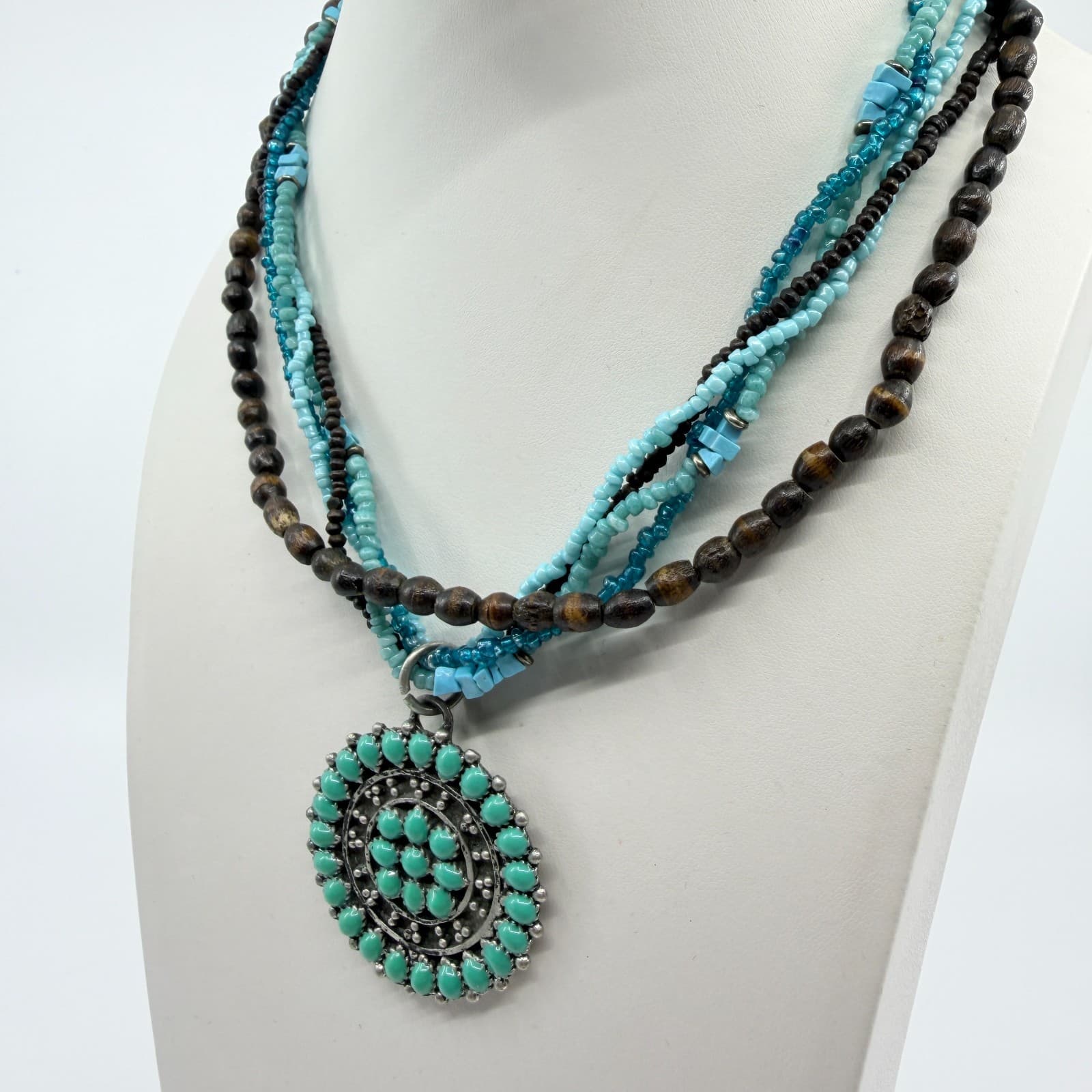Vintage Southwestern Multi Strand Necklace Turquoise Tone Wood Seed Bead Concho - Thumbnail 8