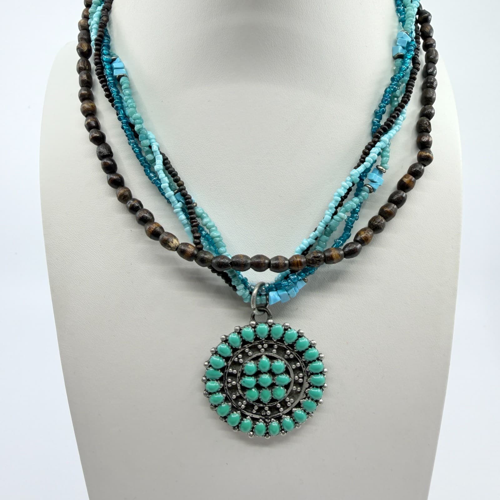 Vintage Southwestern Multi Strand Necklace Turquoise Tone Wood Seed Bead Concho - Thumbnail 9