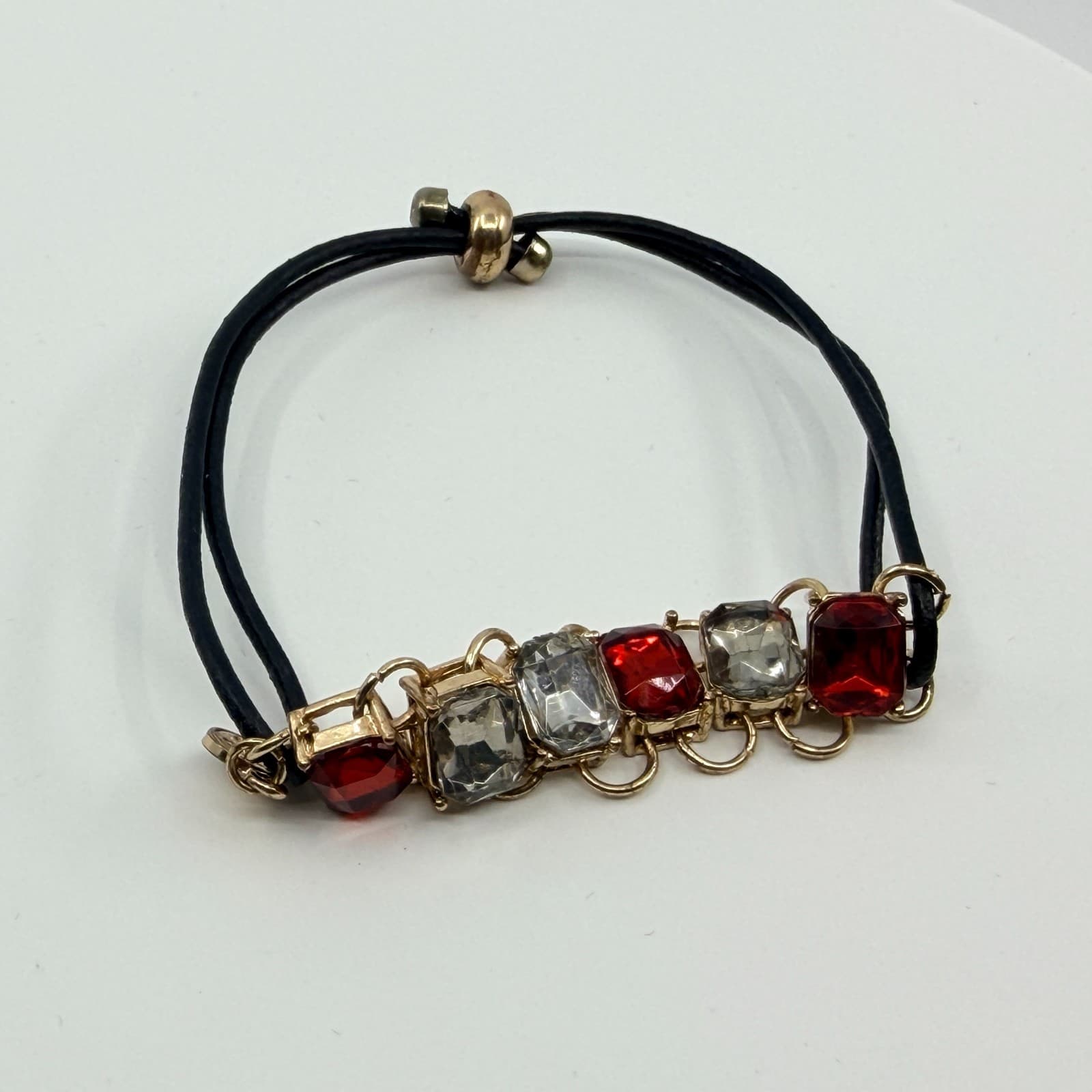 Vintage Gold Tone Red Clear Rhinestone Slider Bracelet Black Cord Statement Boho - Thumbnail 5