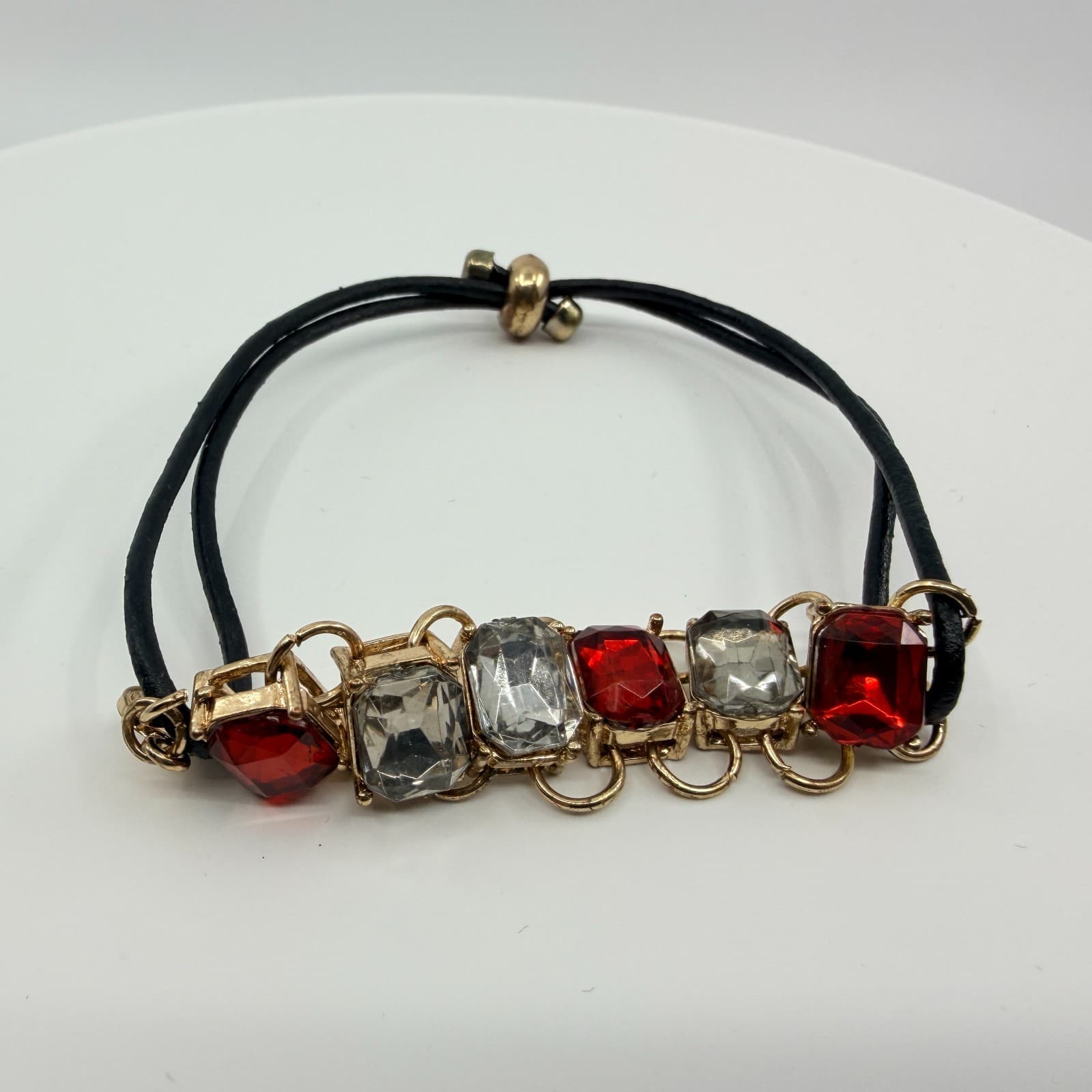 Vintage Gold Tone Red Clear Rhinestone Slider Bracelet Black Cord Statement Boho - Thumbnail 2