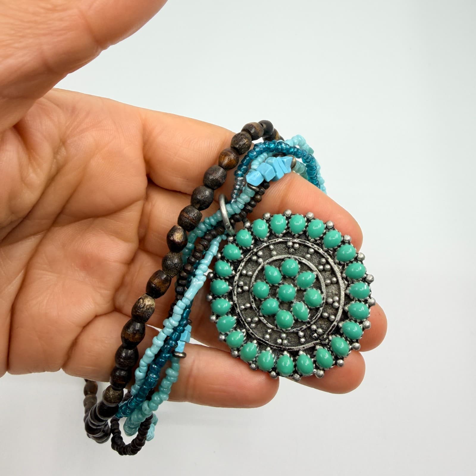 Vintage Southwestern Multi Strand Necklace Turquoise Tone Wood Seed Bead Concho - Thumbnail 11