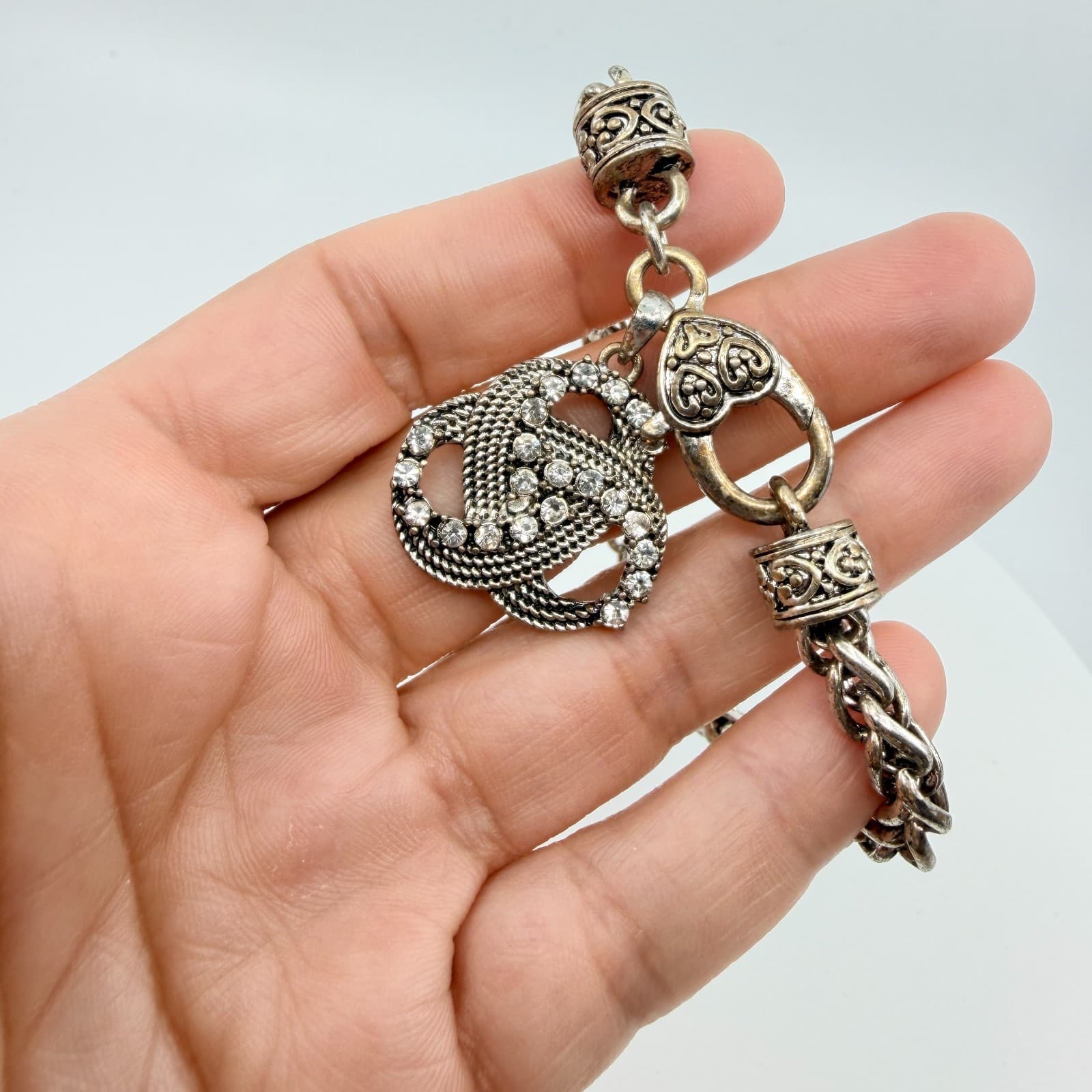 Vintage Silver Tone Rhinestone Interlocking Loop Charm Bracelet Chain Heart 90s - Thumbnail 6